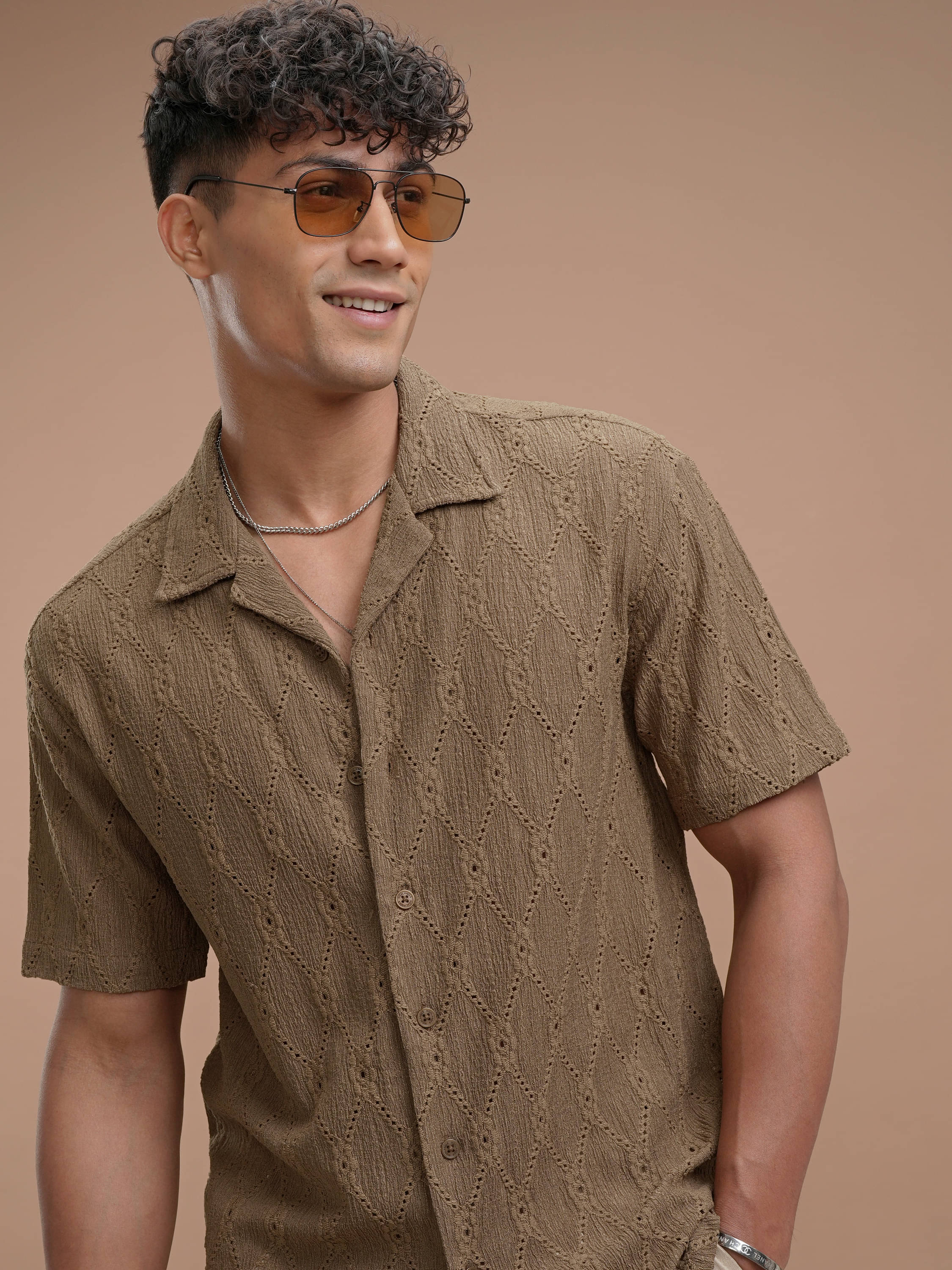     			Highlander Polyester Relaxed Fit Self Design Half Sleeves Men's Casual Shirt - Brown ( Pack of 1 )