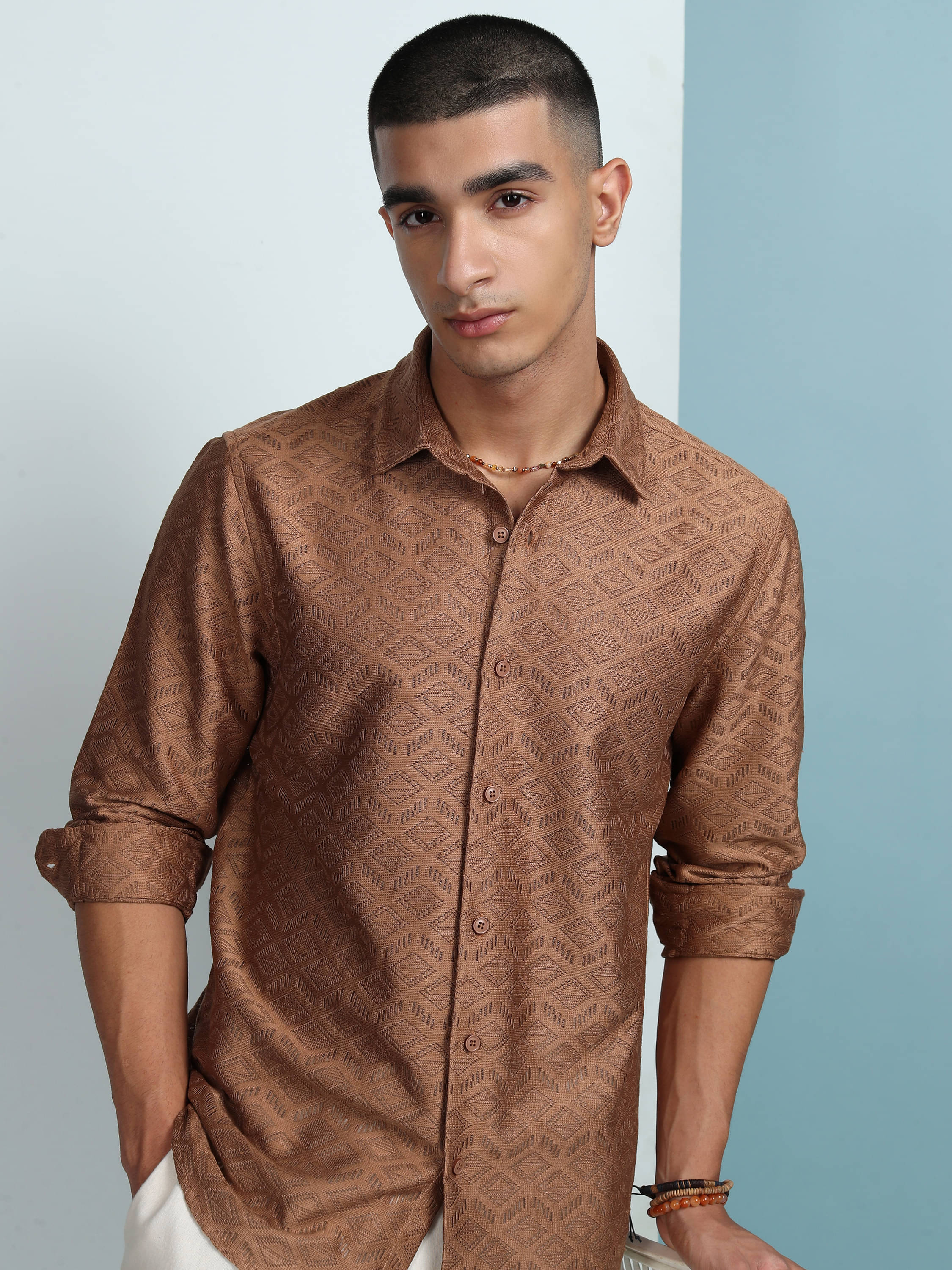     			Highlander Polyester Relaxed Fit Self Design Full Sleeves Men's Casual Shirt - Brown ( Pack of 1 )