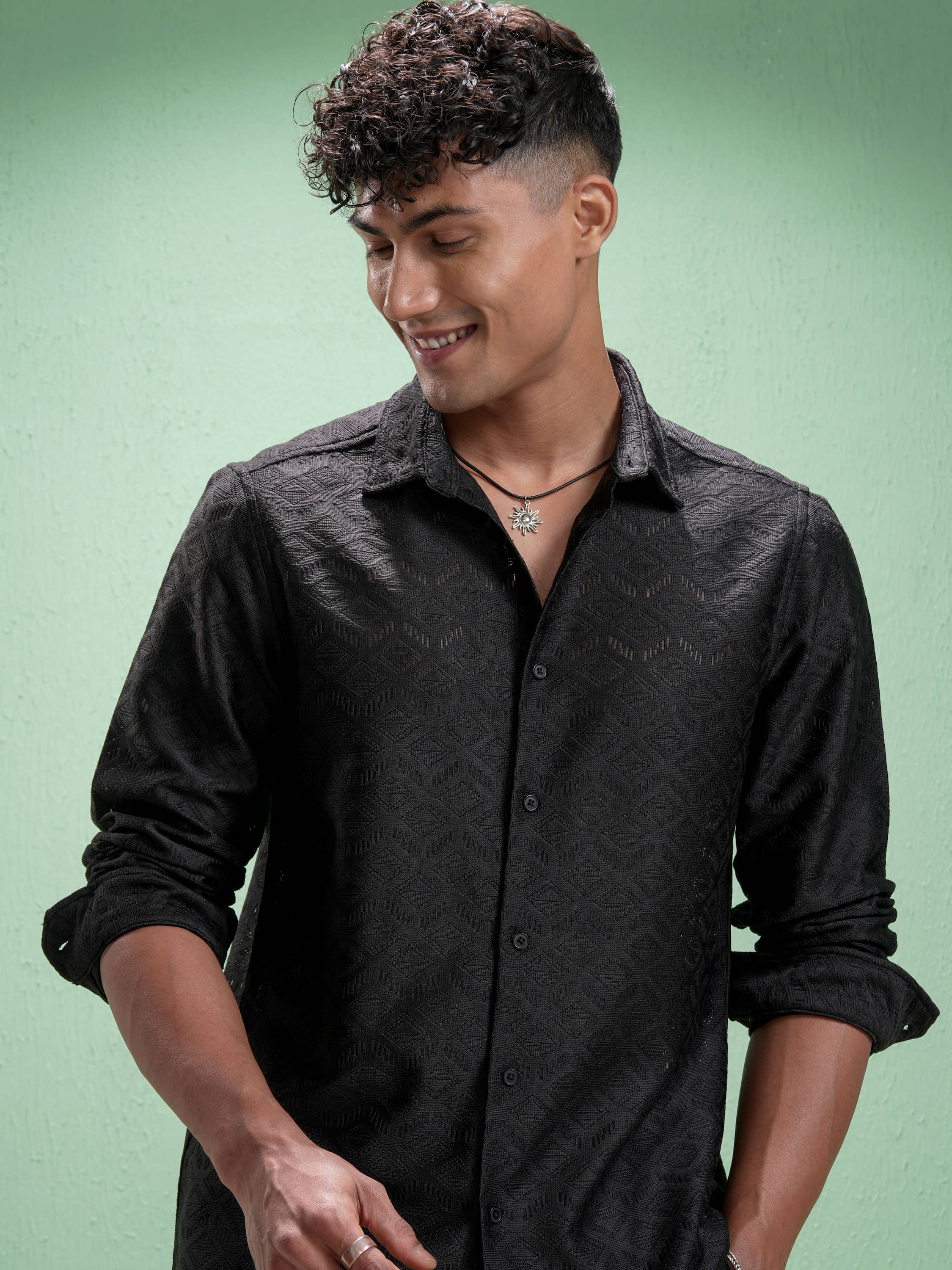     			Highlander Polyester Relaxed Fit Self Design Full Sleeves Men's Casual Shirt - Black ( Pack of 1 )