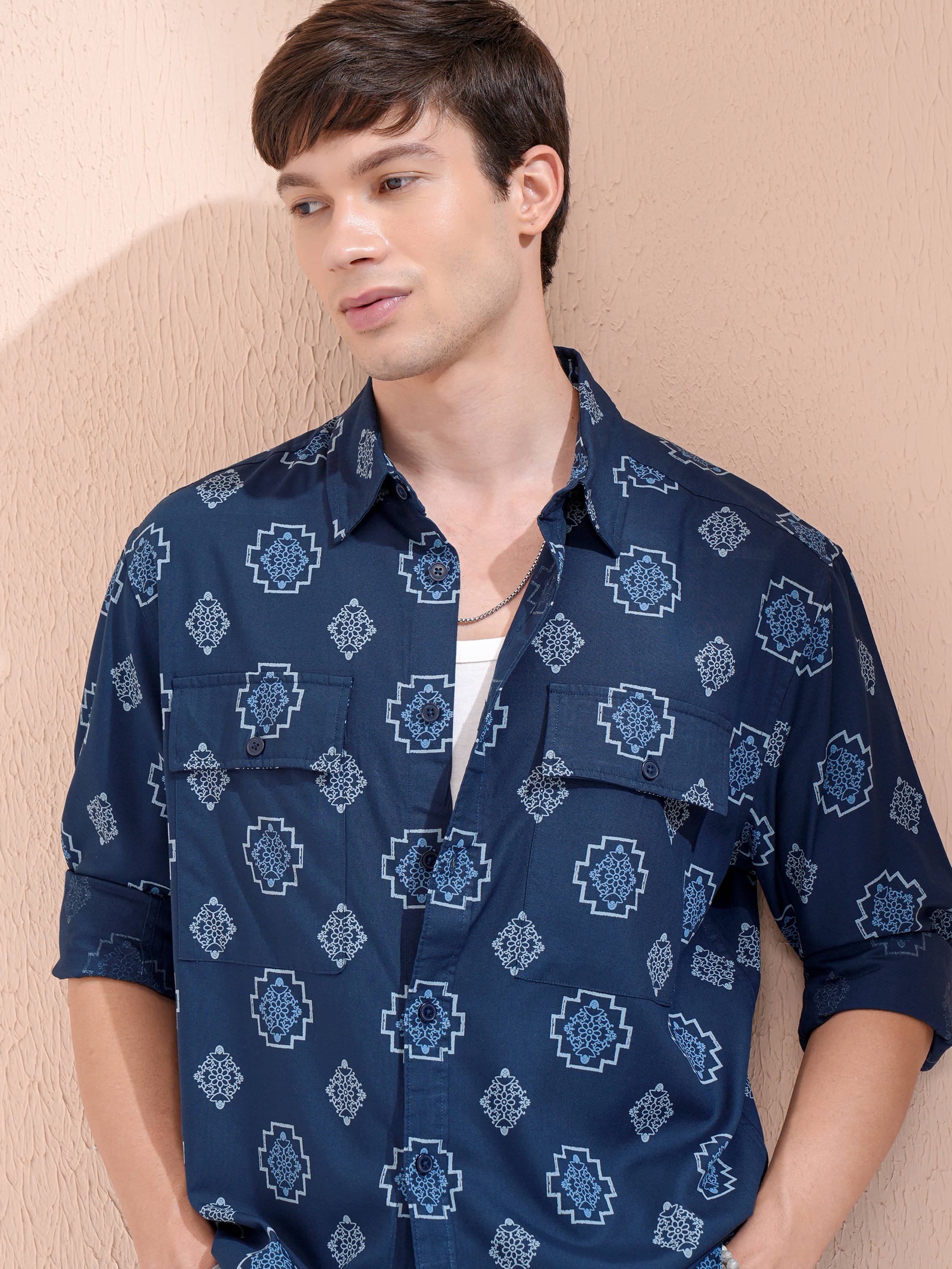 Highlander Viscose Oversized Fit Printed Full Sleeves Men's Casual Shirt - Navy Blue ( Pack of 1 ) Highlander Viscose Oversized Fit Printed Full Sleeves Men's Casual Shirt - Navy Blue ( Pack of 1 )