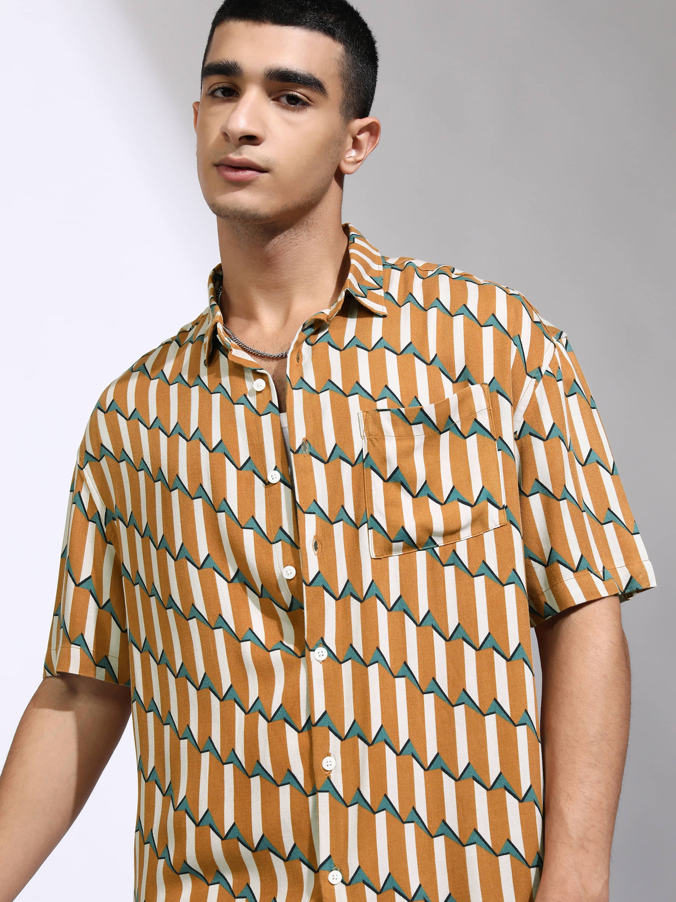    			Highlander Viscose Oversized Fit Printed Half Sleeves Men's Casual Shirt - Mustard ( Pack of 1 )