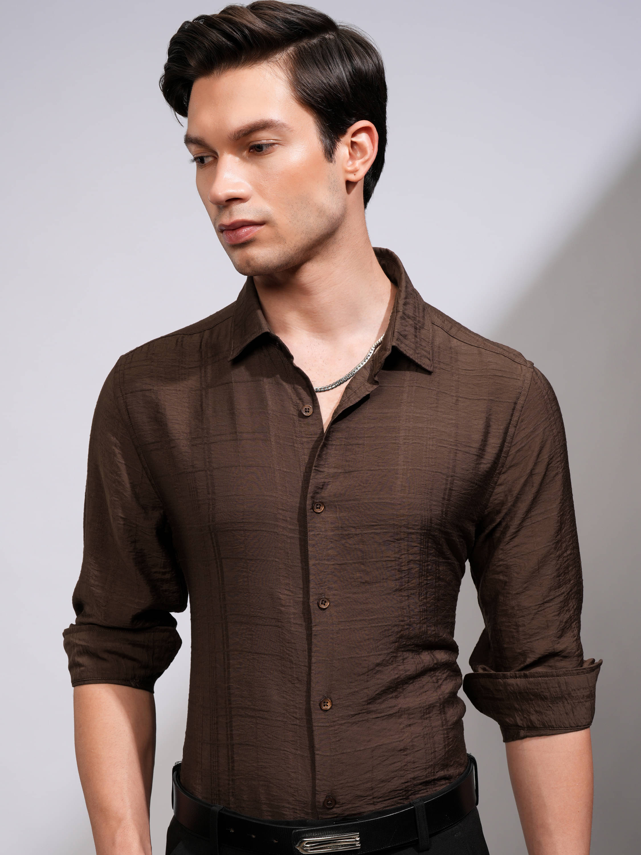     			Highlander Viscose Slim Fit Self Design Full Sleeves Men's Casual Shirt - Brown ( Pack of 1 )