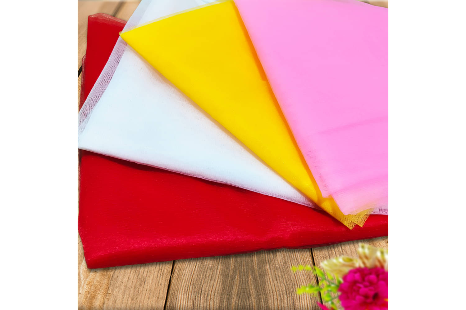     			1iAM Tray Decoration Items for Wedding - 4 Pieces Transparent White, Yellow, Pink & Red Decoration Net, 1x1.5m (3.28x4.92ft) Each, Nylon Made - Annaprashan, Sadhi Gift Packing Decoration Net Combo