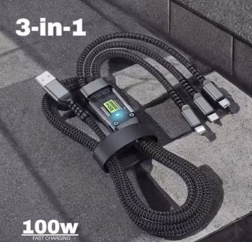     			3 in 1 Unbreakable 5A(100W) Fast Charging 1.2m Type C Cable for Smartphones, Tablets, Laptops & other Type C IOS devices, 480Mbps Data Sync, Quick Charge 3.0 (Dark Grey)