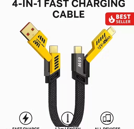     			4-in-1 Fast Charging Cable | Type-C, iPhone, Micro USB | Nylon Braided | Durable & Tangle-Free | 1.2m | Ideal for All Devices"