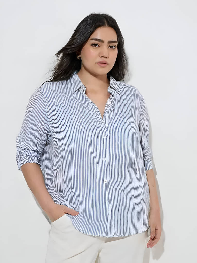 CADMON Women Striped Cotton Shirt ( Blue ) CADMON Women Striped Cotton Shirt ( Blue )