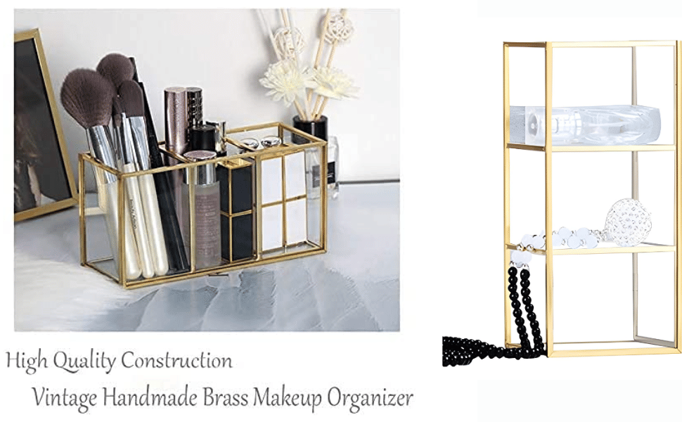     			Cosmetics Metal Holder Construction Vintage Handmade Brass Makeup Organizer with Beautiful Gold Color (7x4x3)