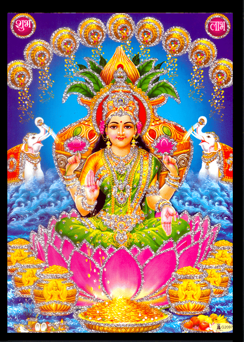 DHANALAKSHMI MATA Sparkled Laminated Photo 5 (Width) x 7 (Length) inch on Wooden Base With Back Support Mount DHANALAKSHMI MATA Sparkled Laminated Photo 5 (Width) x 7 (Length) inch on Wooden Base With Back Support Mount