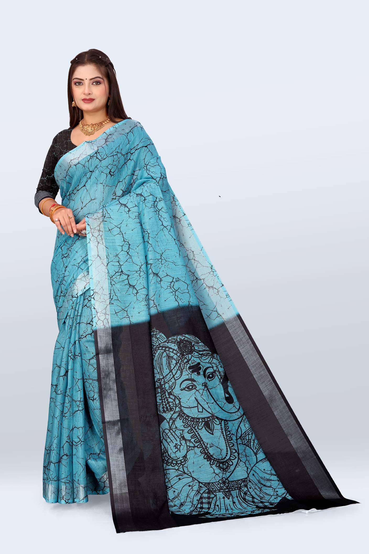     			Ethnic Trendz Cotton Blend Printed Chanderi saree With Unstitched Blouse Piece ( Blue )
