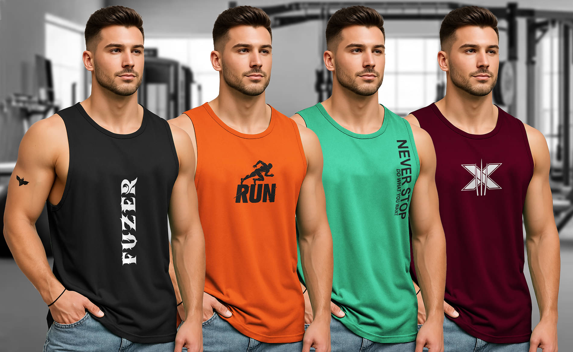     			FUZER Pack of 4 Polyester Tank For Men ( Black )