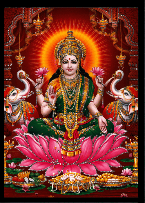     			GAJALAKSHMI MATA Sparkled Laminated Photo 5 (Width) x 7 (Length) inch on Wooden Base With Back Support Mount