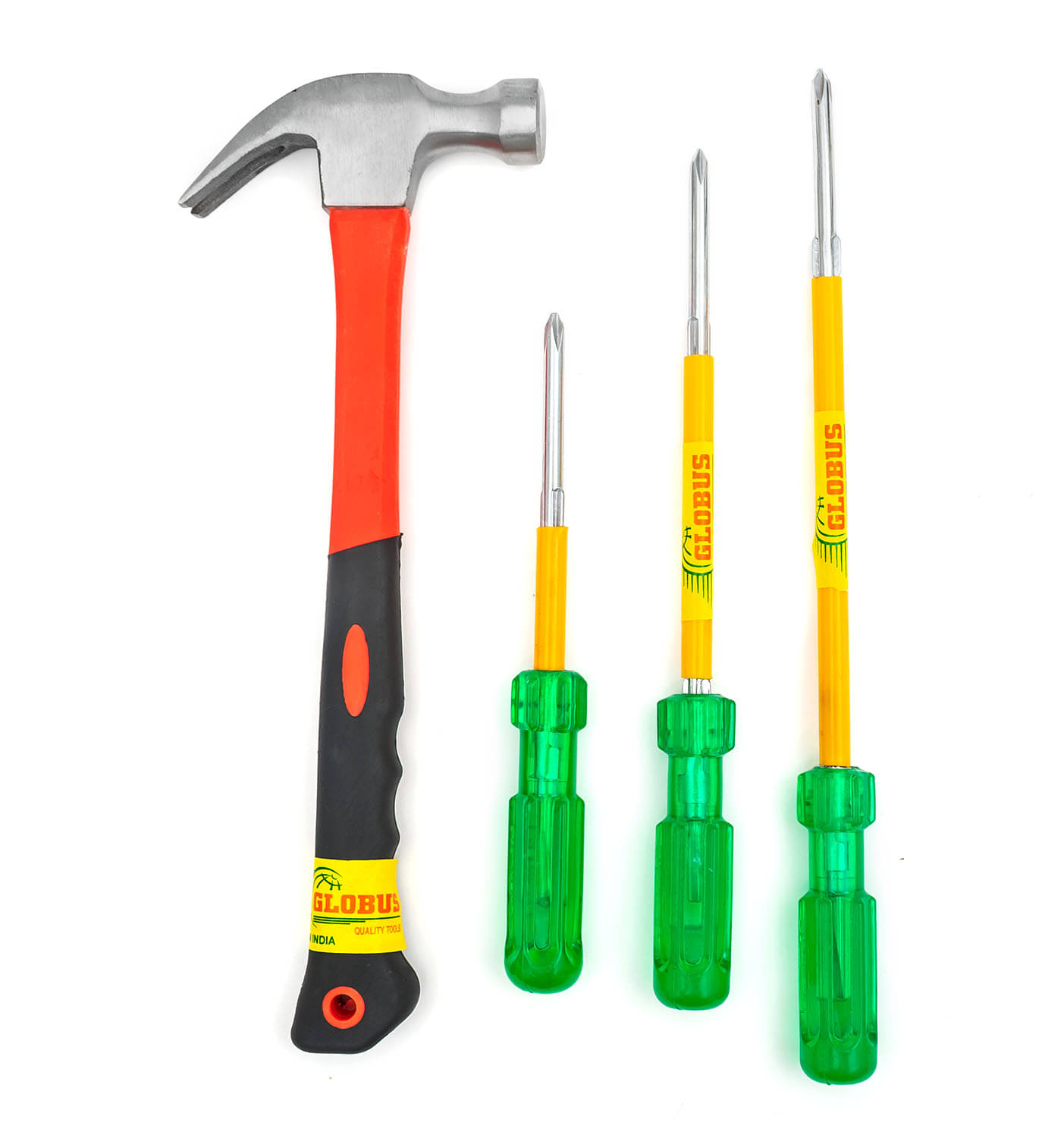    			Globus 1617-Curved Claw Hammer with FIBER GLASS Handle & Rubber SHOCK PROOF Grip (0.40 kg) & SCREWDRIVER TWO-WAY (6"'/150 mm),(8"/200 mm)&(10"/250 mm).Professional & home use tools.
