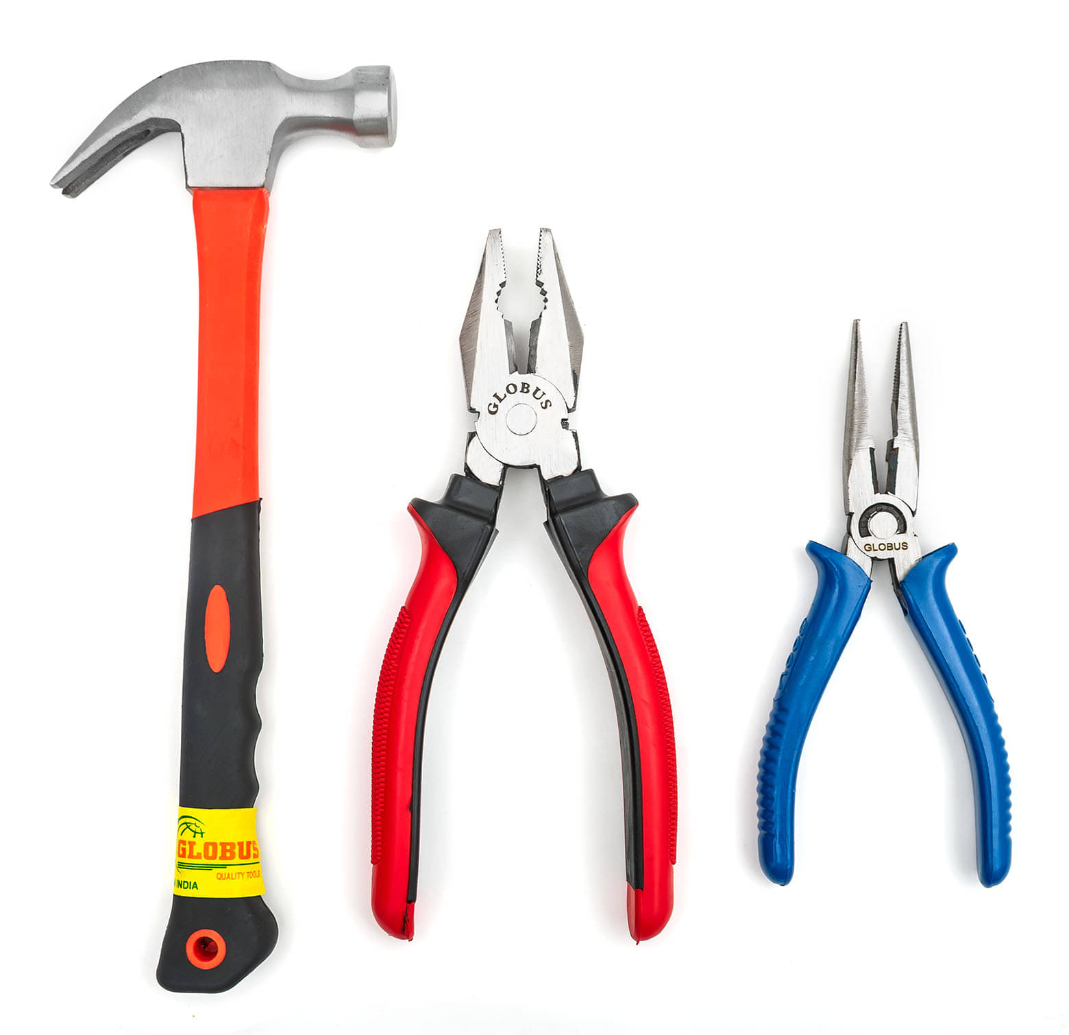 Globus 1620-Curved Claw Hammer with FIBER GLASS Handle and Rubber SHOCK PROOF Grip (0.40 kg) & COMBINATION PLIER(8"/ 200MM) & LONG NOSE PLIER (7"/175mm).Professional & home use tools. Globus 1620-Curved Claw Hammer with FIBER GLASS Handle and Rubber SHOCK PROOF Grip (0.40 kg) & COMBINATION PLIER(8"/ 200MM) & LONG NOSE PLIER (7"/175mm).Professional & home use tools.