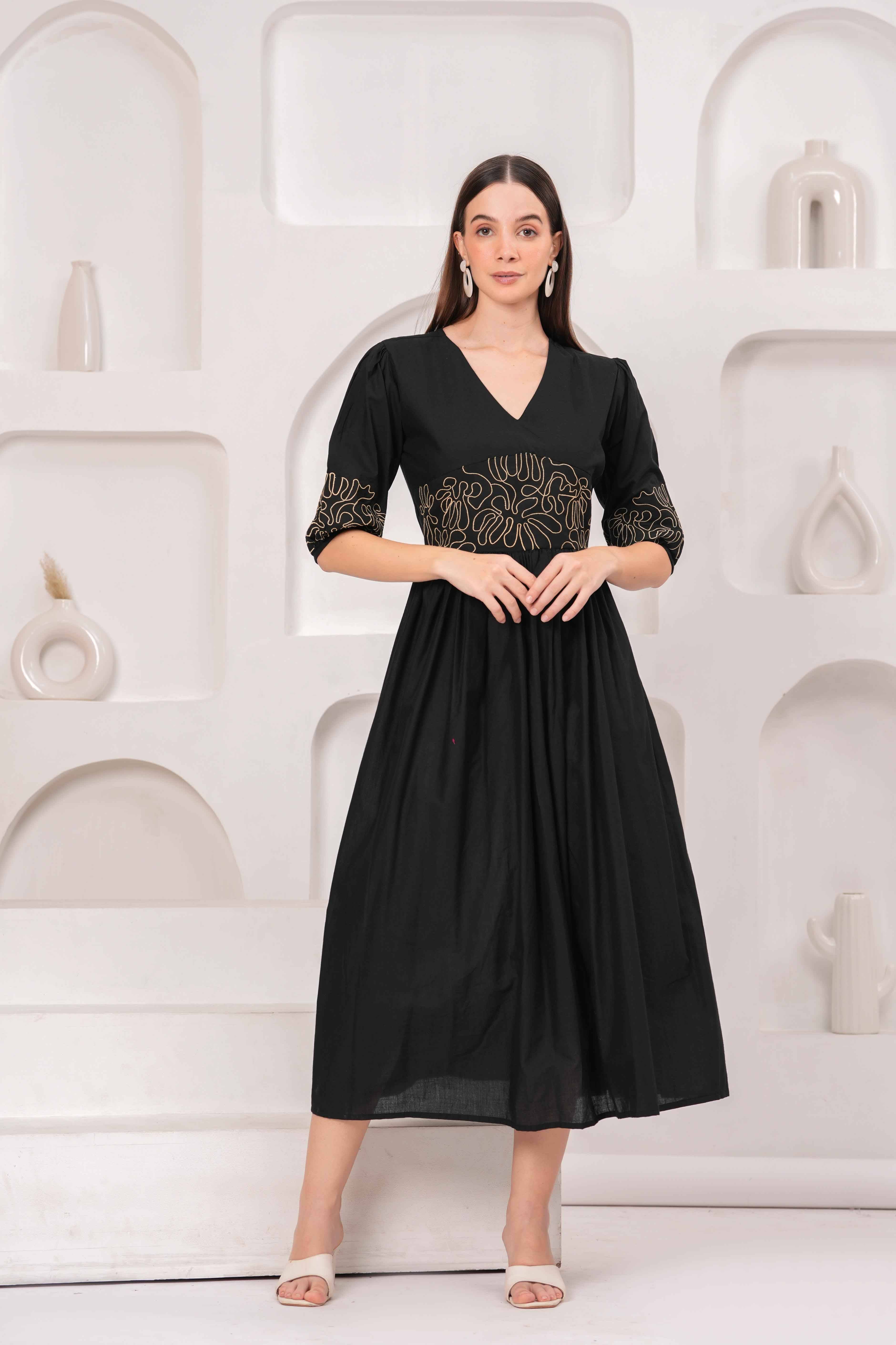     			HIGHLIGHT FASHION EXPORT Women Cotton Embroidered Fit & Flare Dress ( Black )