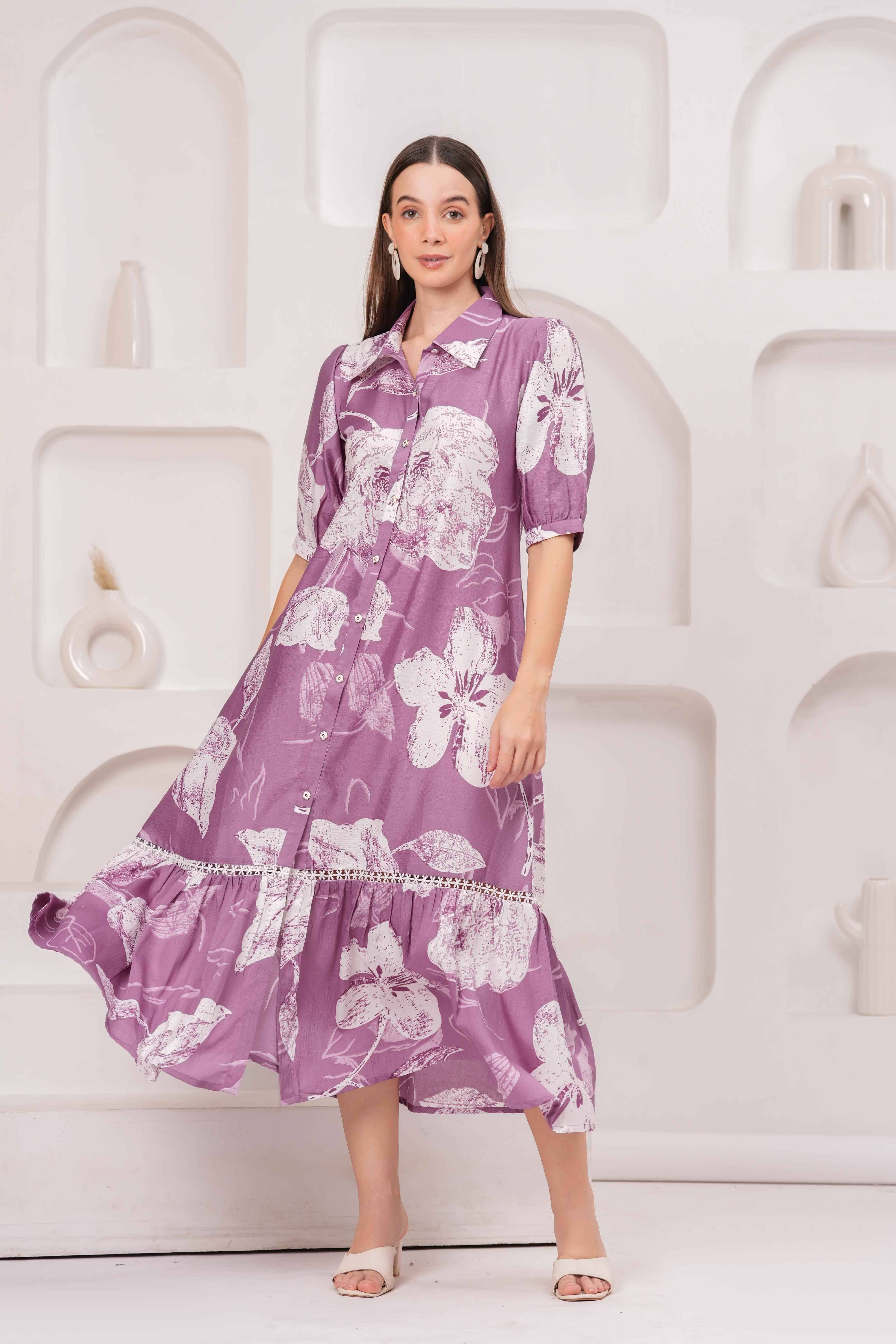 HIGHLIGHT FASHION EXPORT Women Crepe Printed Fit & Flare Dress ( Purple ) HIGHLIGHT FASHION EXPORT Women Crepe Printed Fit & Flare Dress ( Purple )