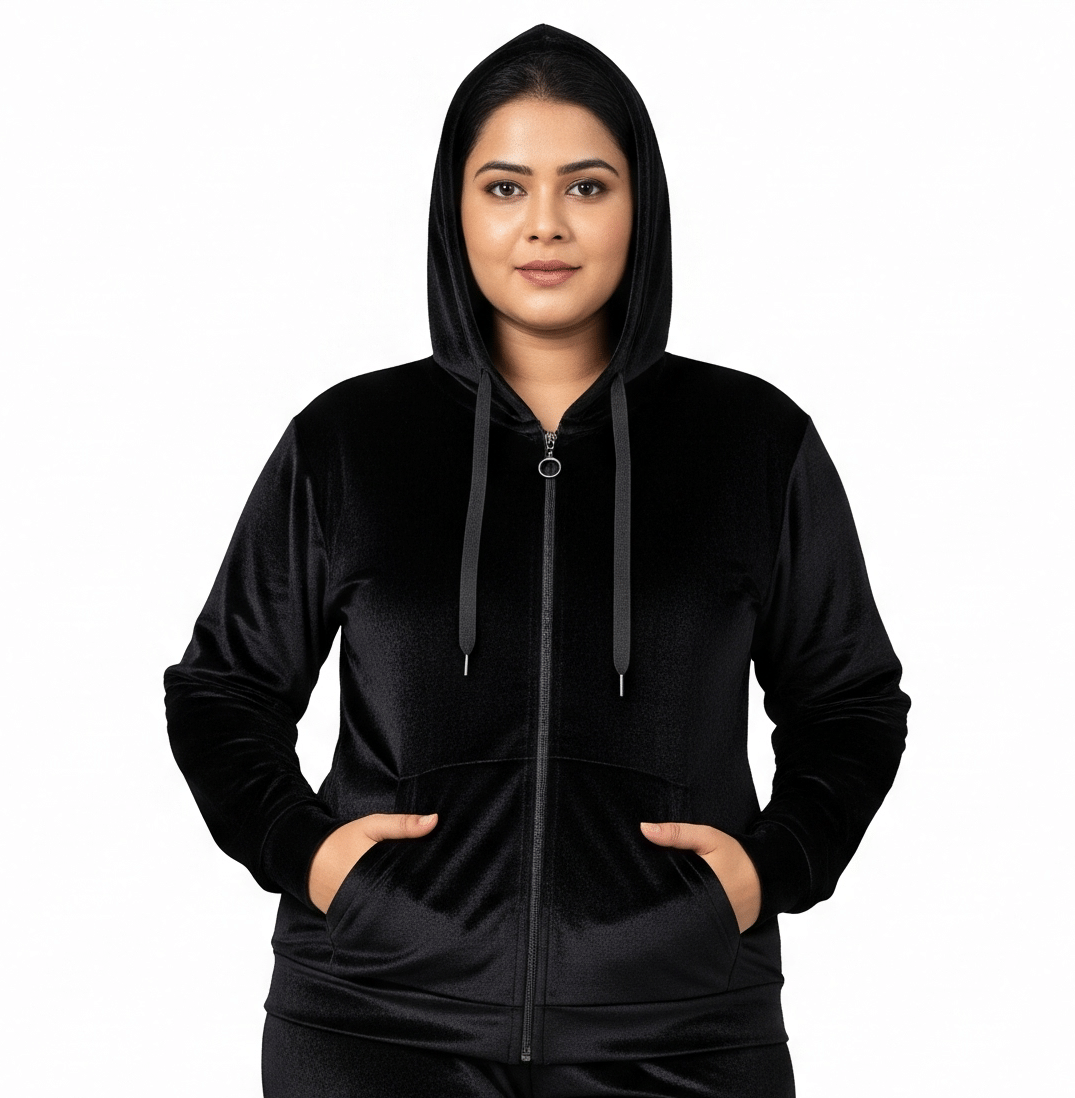 HeteShe - Velvet Black Hooded Jackets Pack of 1 HeteShe - Velvet Black Hooded Jackets Pack of 1
