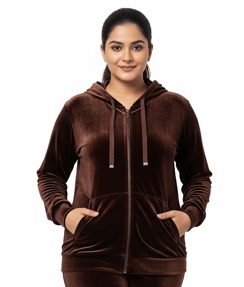 HeteShe - Velvet Brown Hooded Jackets Pack of 1 HeteShe - Velvet Brown Hooded Jackets Pack of 1