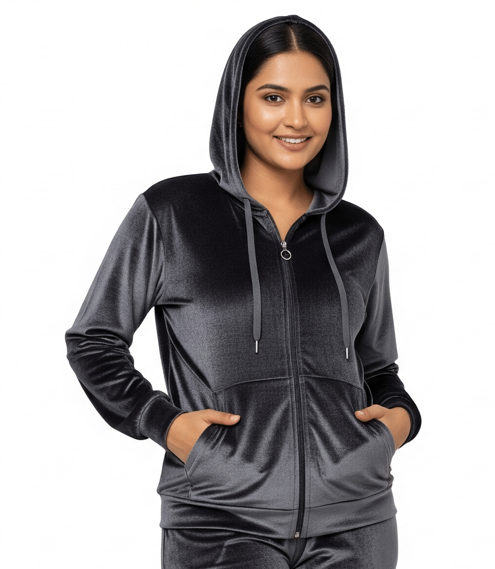 HeteShe - Velvet Grey Hooded Jackets Pack of 1 HeteShe - Velvet Grey Hooded Jackets Pack of 1