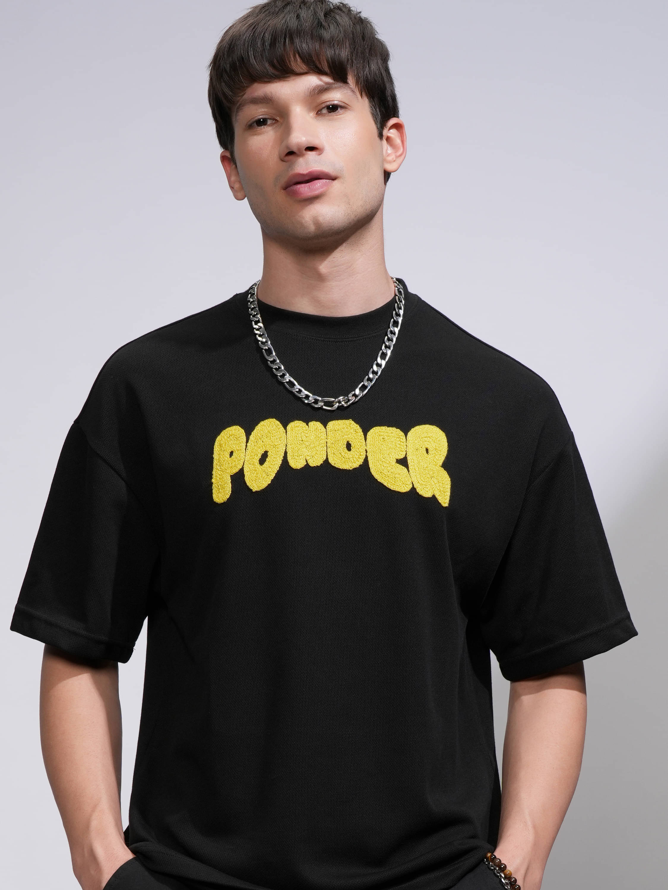     			Highlander Men Cotton Blend Oversized Fit Self Design T-Shirt ( Black )