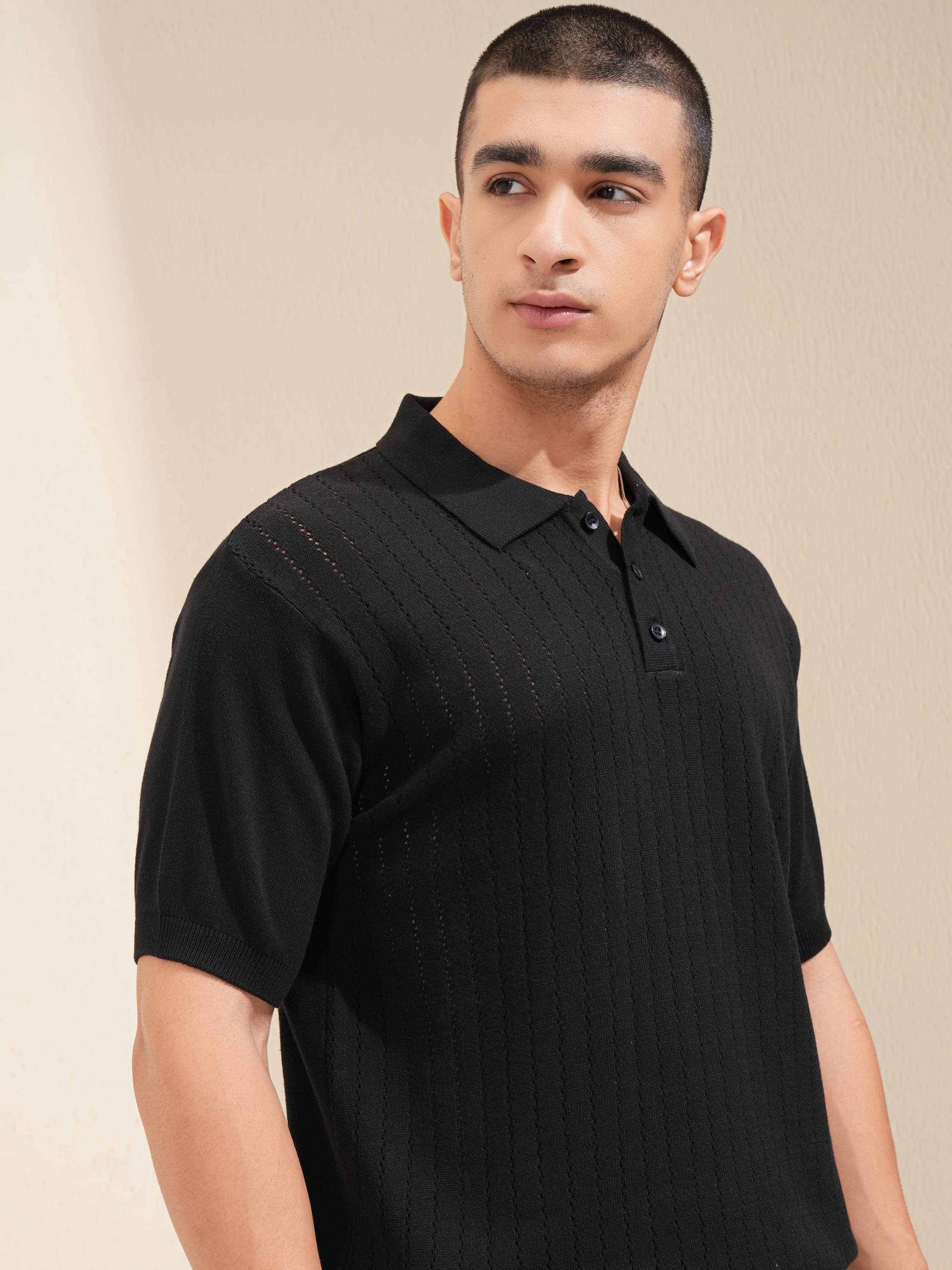     			Highlander Men Cotton Relaxed Fit Self Design Polo T Shirt ( Black )