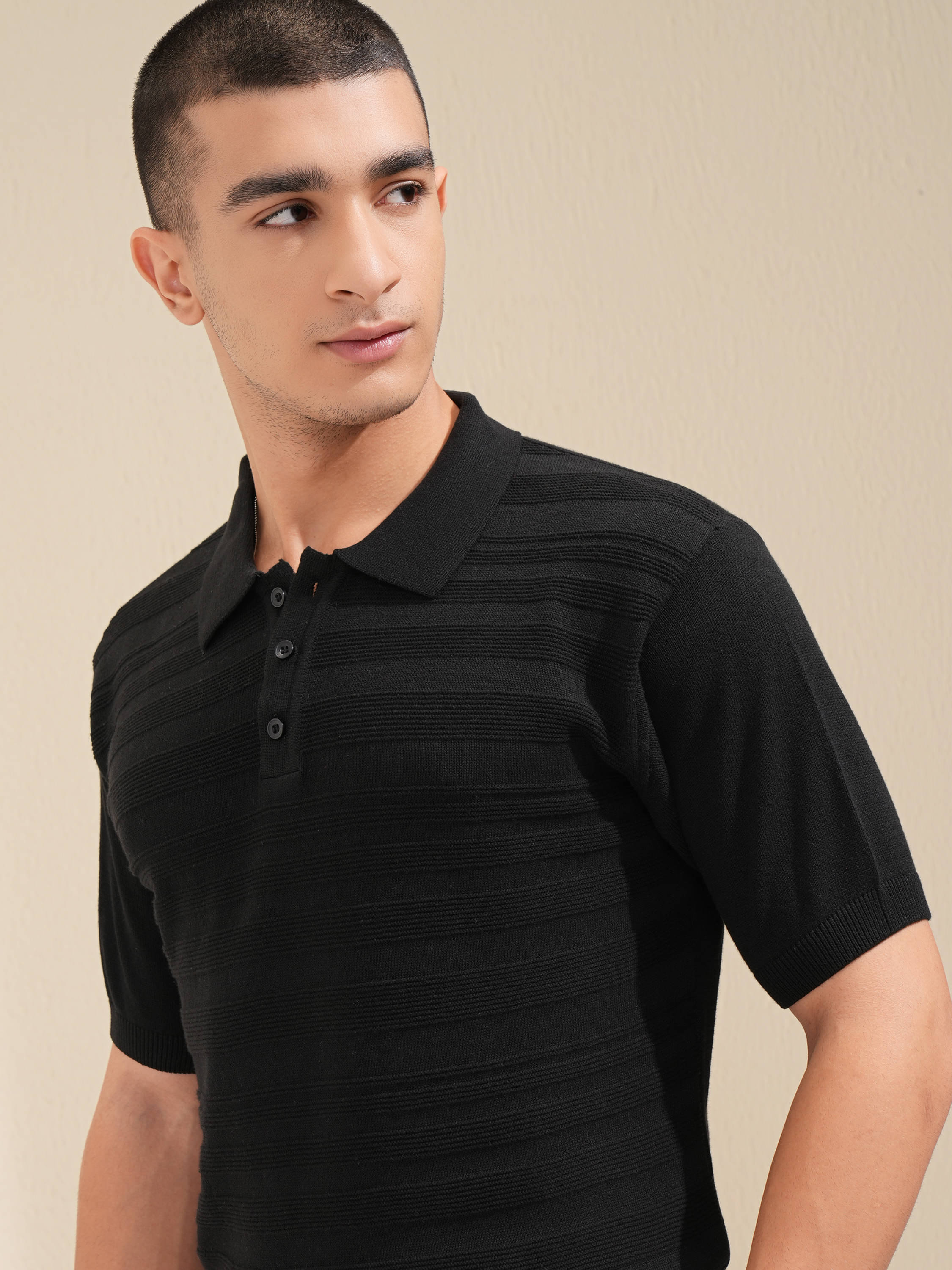     			Highlander Men Cotton Relaxed Fit Self Design Polo T Shirt ( Black )