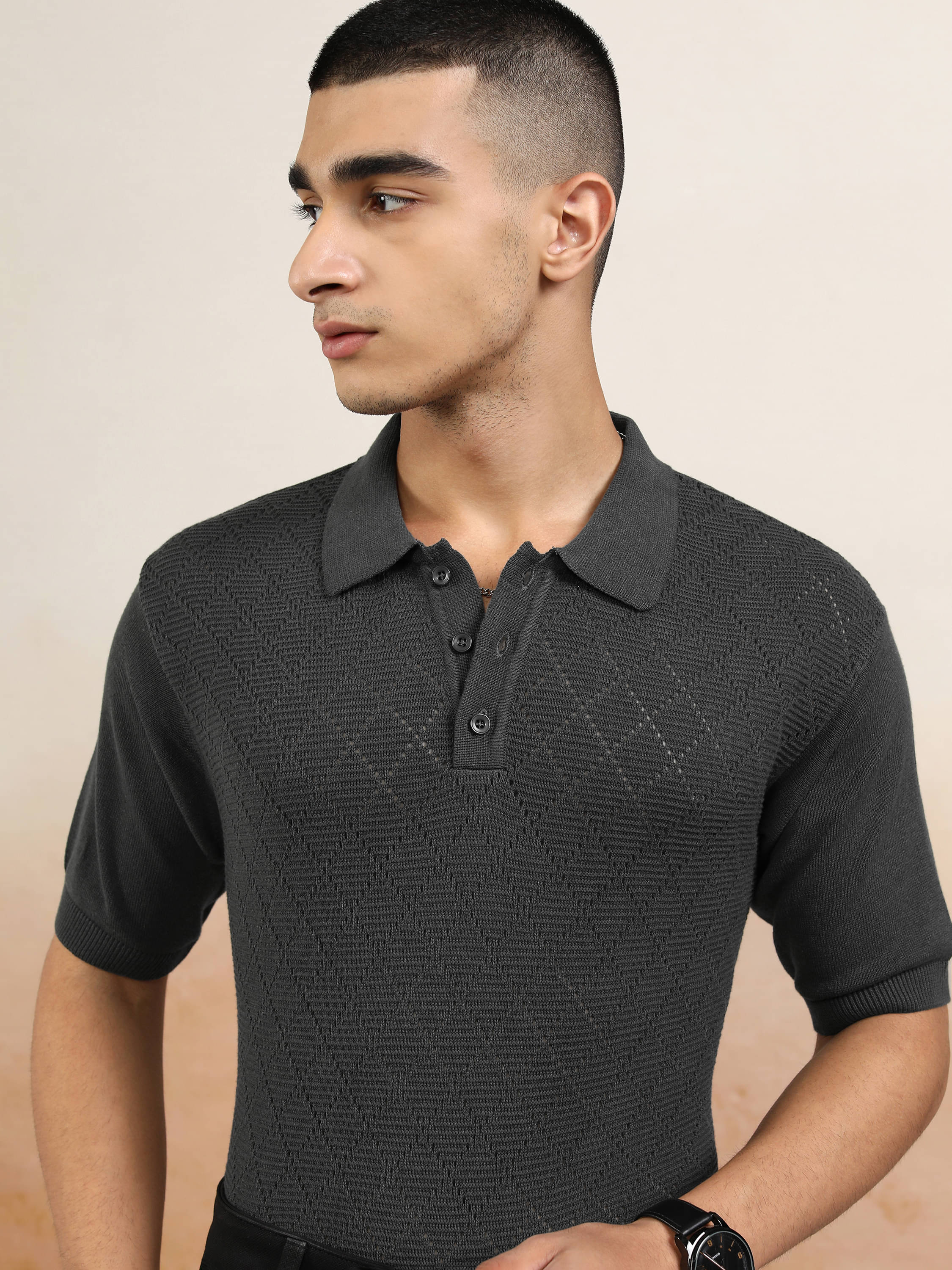     			Highlander Men Cotton Relaxed Fit Self Design Polo T Shirt ( Dark Grey )
