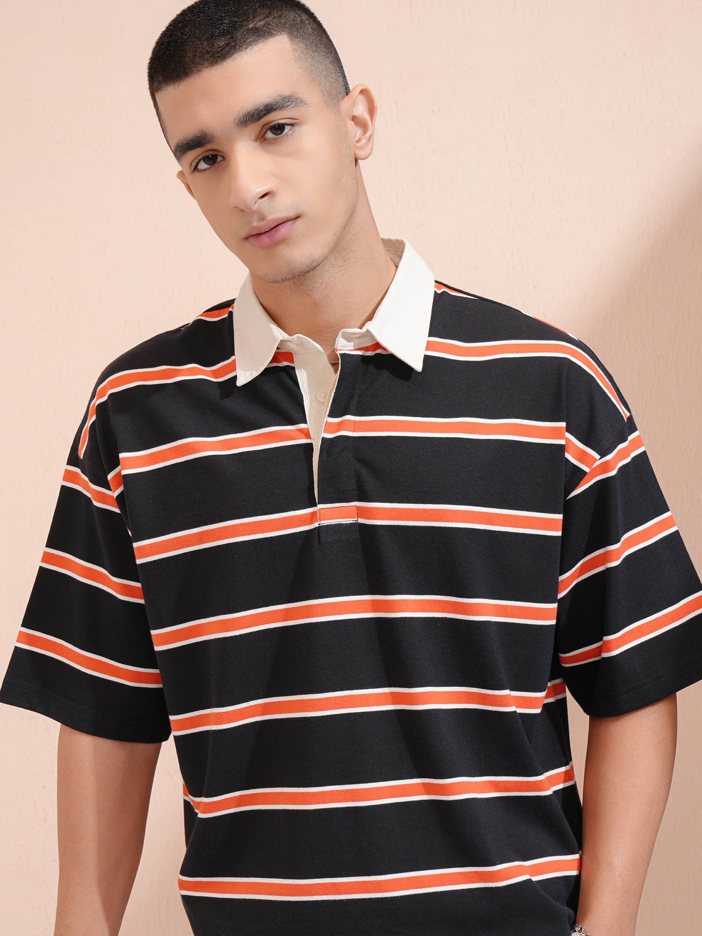     			Highlander Men Polyester Oversized Fit Striped Polo T Shirt ( Black )