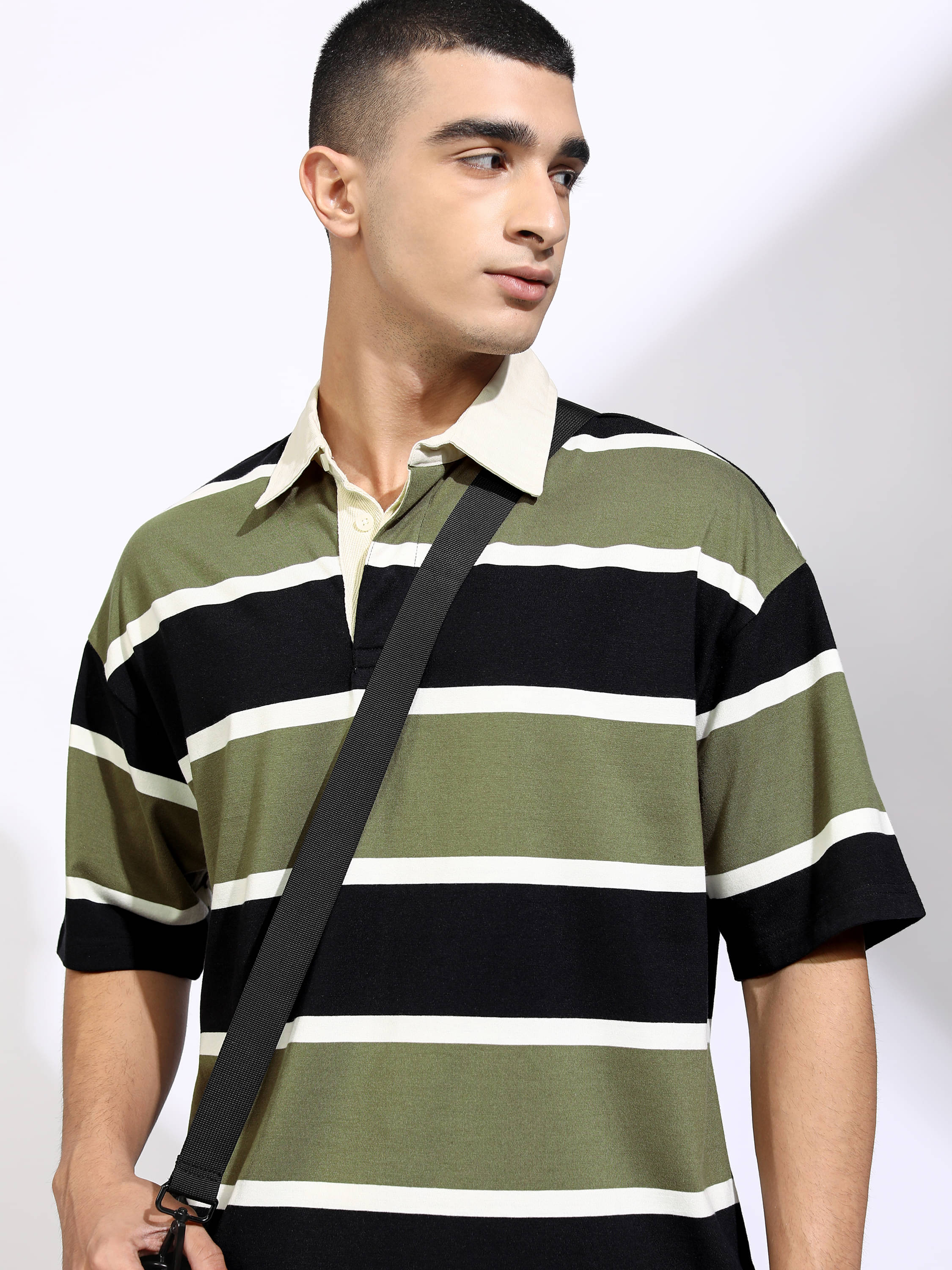Highlander Men Polyester Oversized Fit Striped Polo T Shirt ( Black )     			Highlander Men Polyester Oversized Fit Striped Polo T Shirt ( Black )