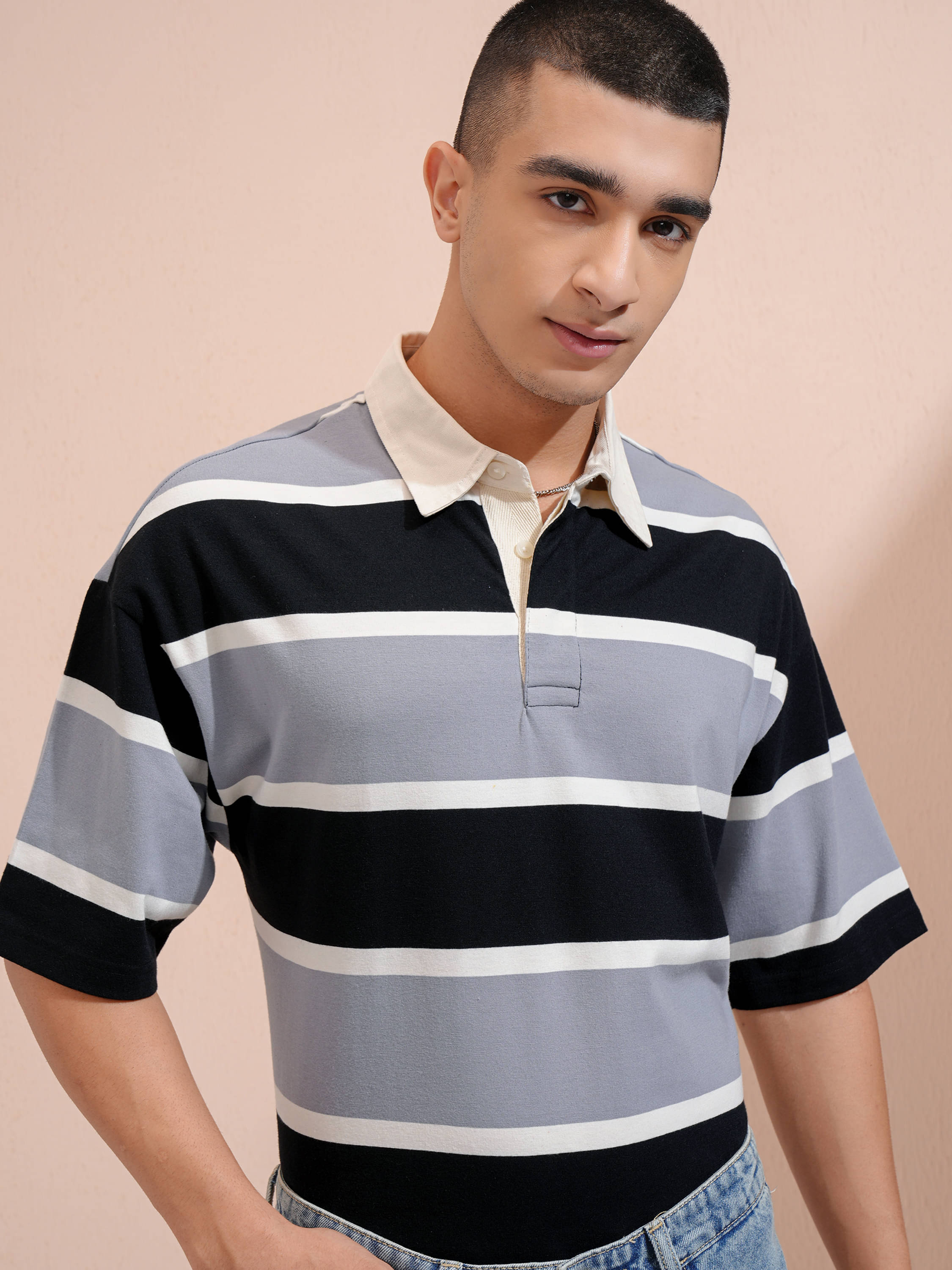     			Highlander Men Polyester Oversized Fit Striped Polo T Shirt ( Black )