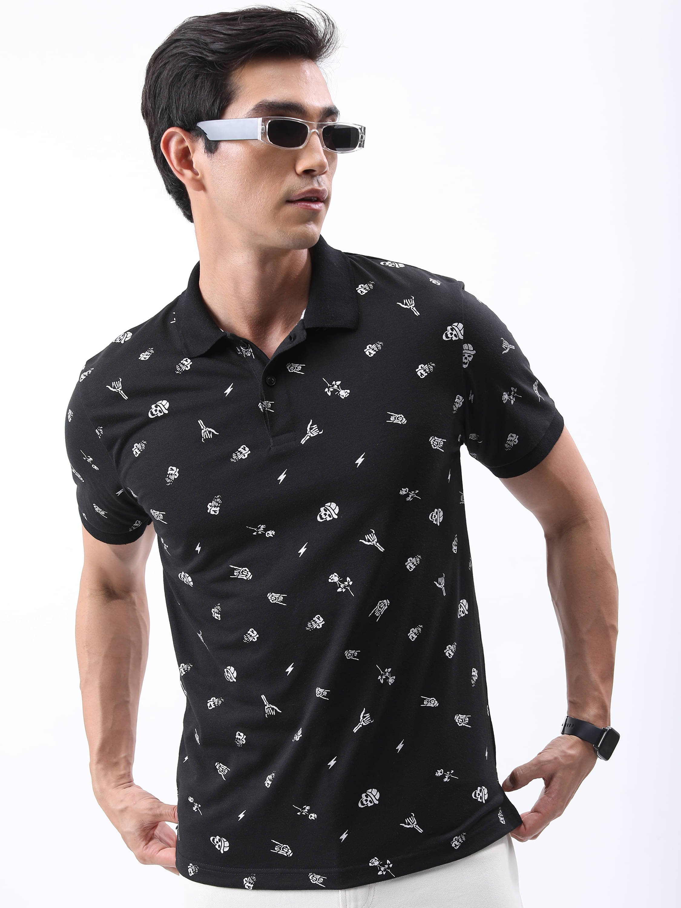     			Highlander Men Polyester Regular Fit Printed Polo T Shirt ( Black )