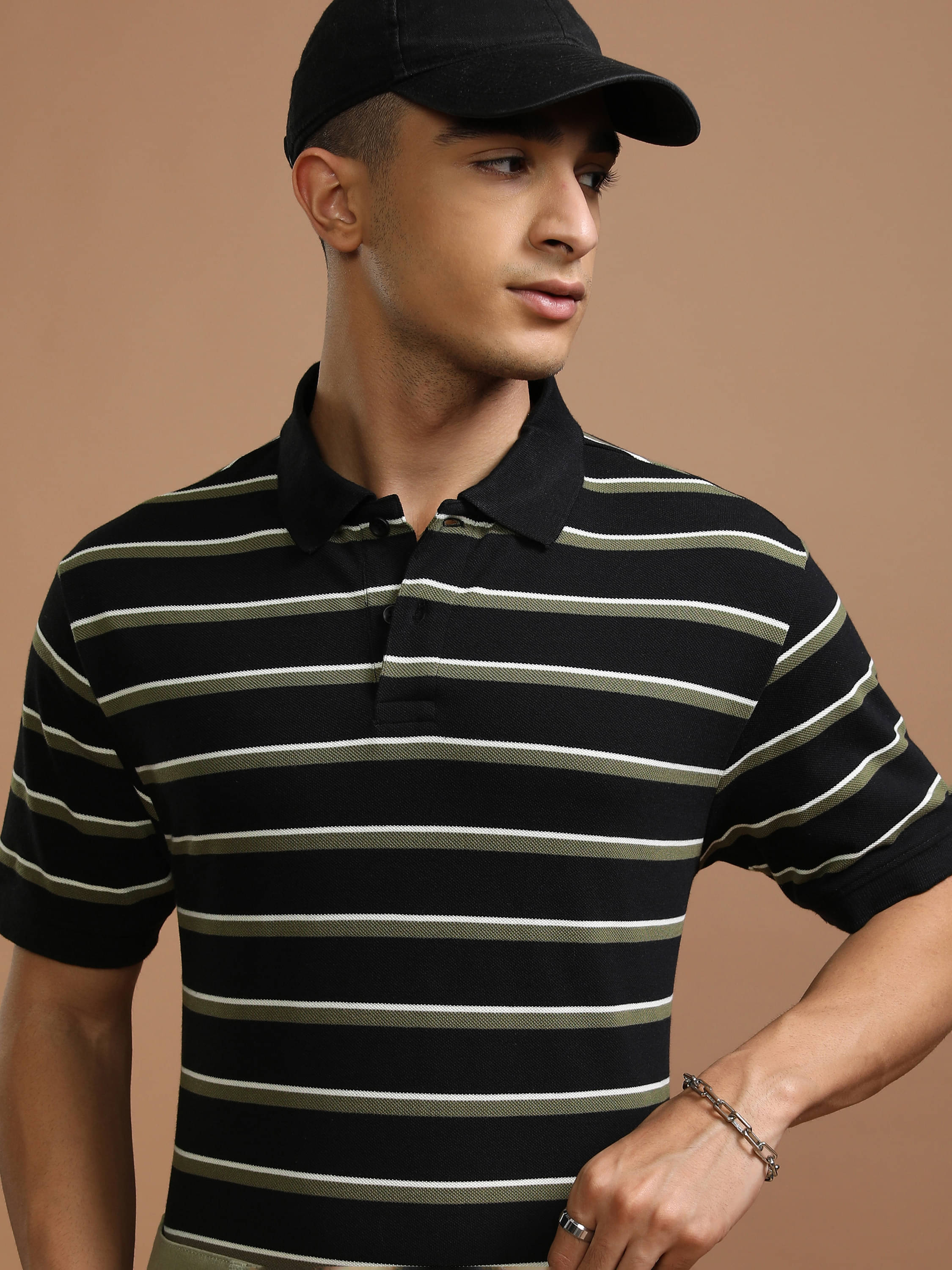     			Highlander Men Polyester Relaxed Fit Striped Polo T Shirt ( Black )