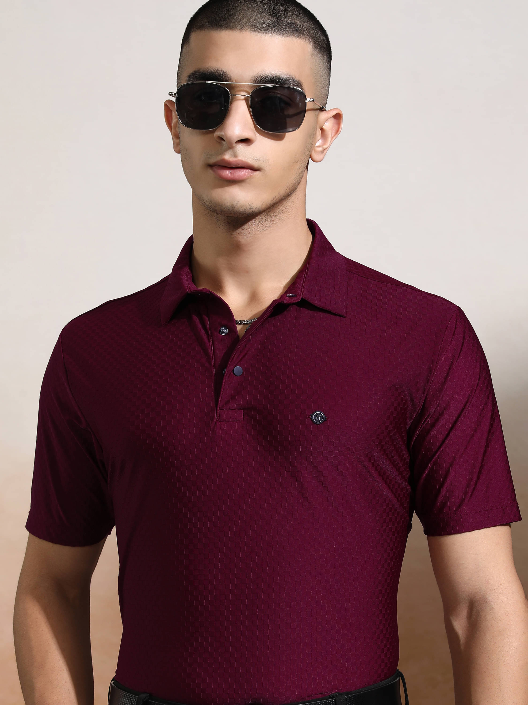     			Highlander Men Polyester Slim Fit Self Design Polo T Shirt ( Maroon )