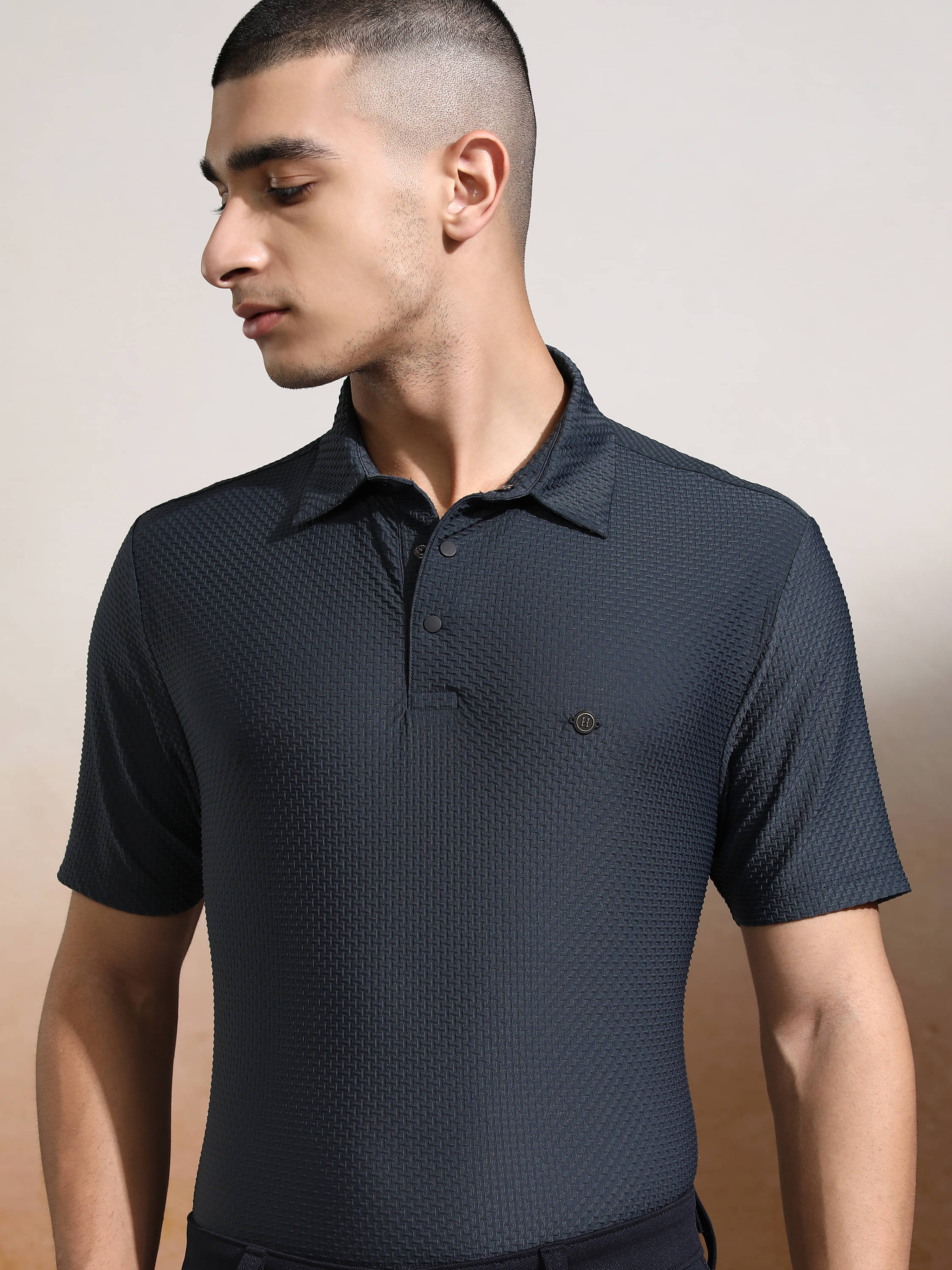     			Highlander Men Polyester Slim Fit Self Design Polo T Shirt ( Blue )