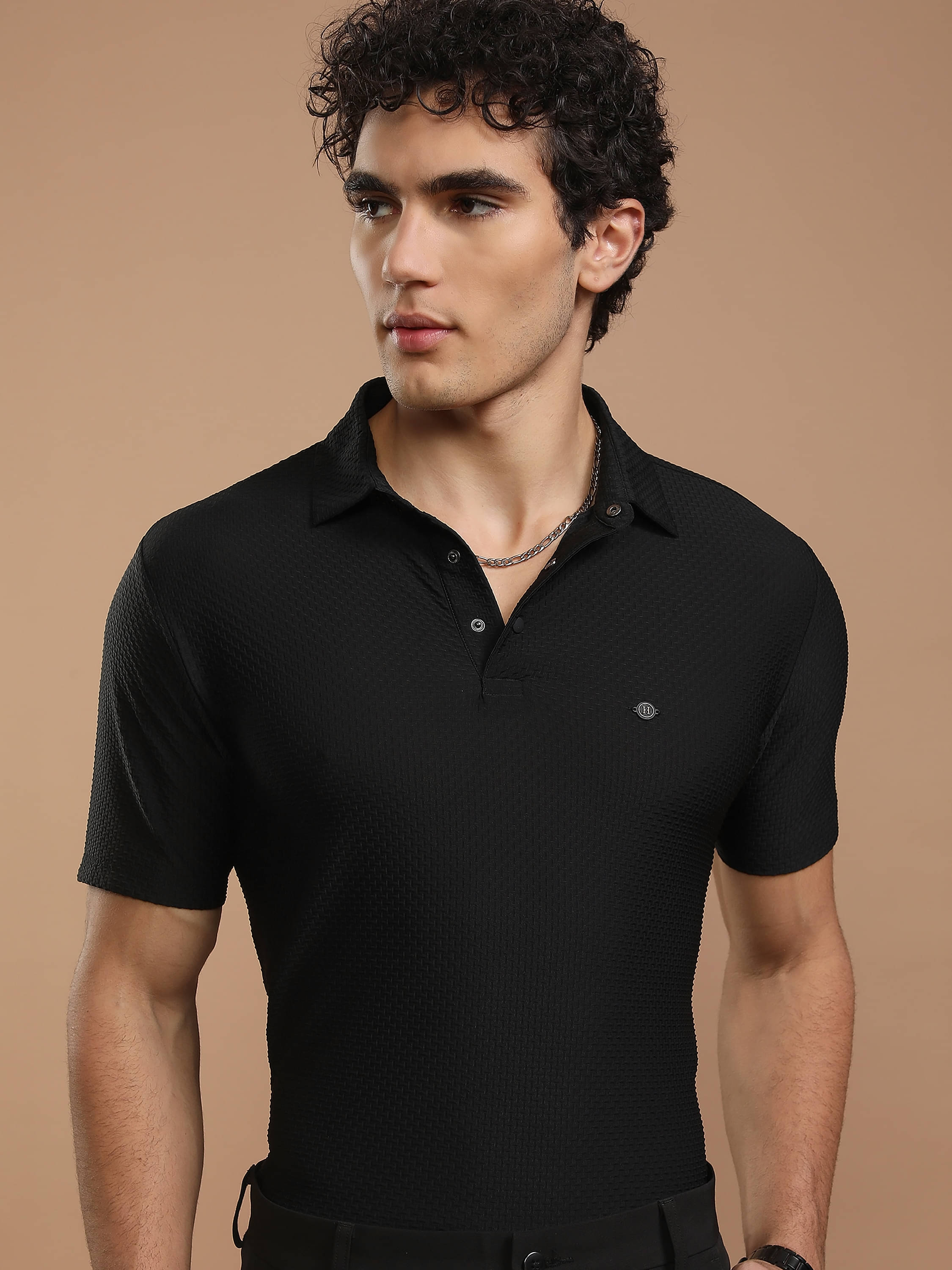     			Highlander Men Polyester Slim Fit Self Design Polo T Shirt ( Black )