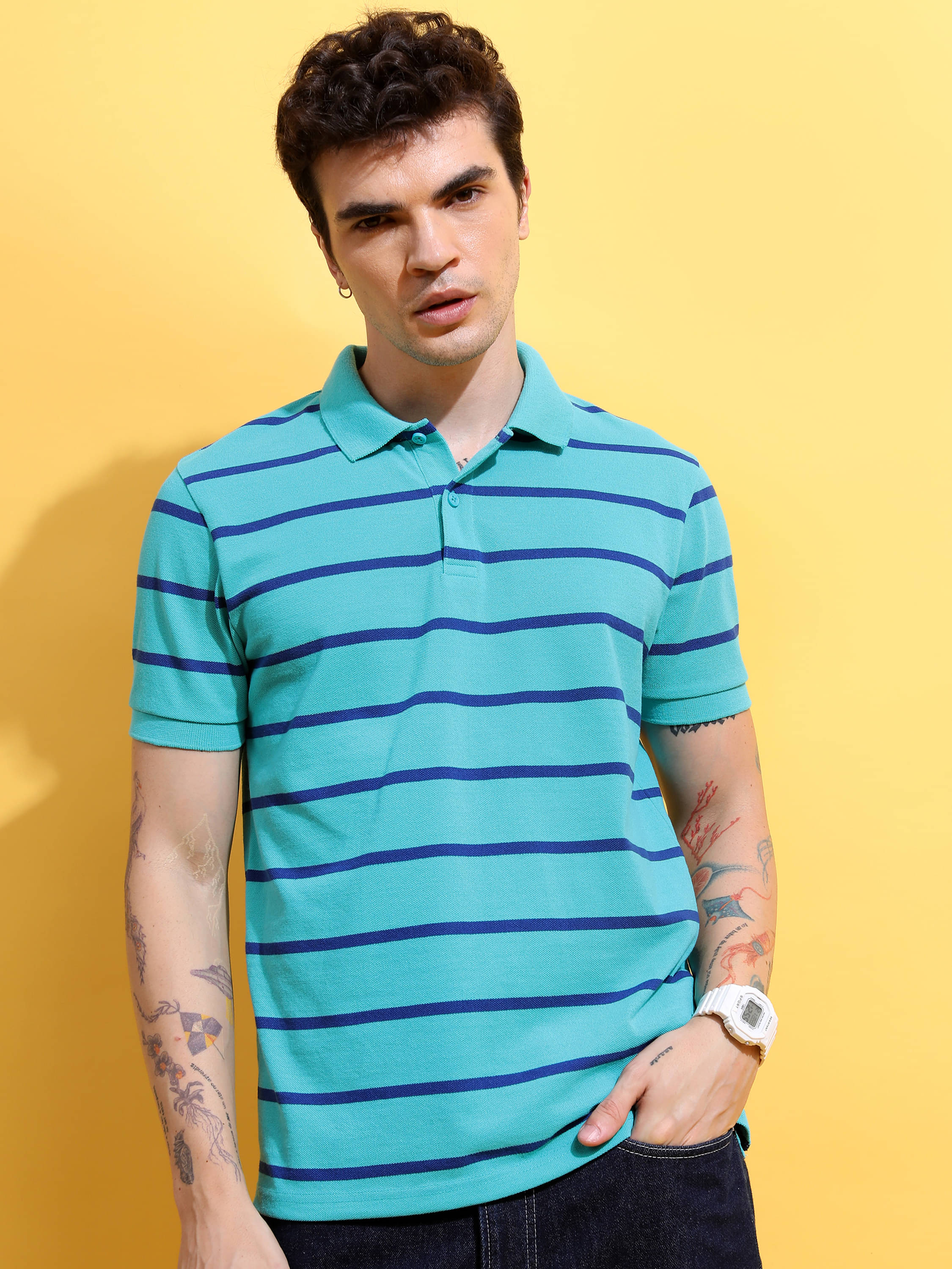     			Highlander Men Polyester Slim Fit Striped Polo T Shirt ( Multicolor )
