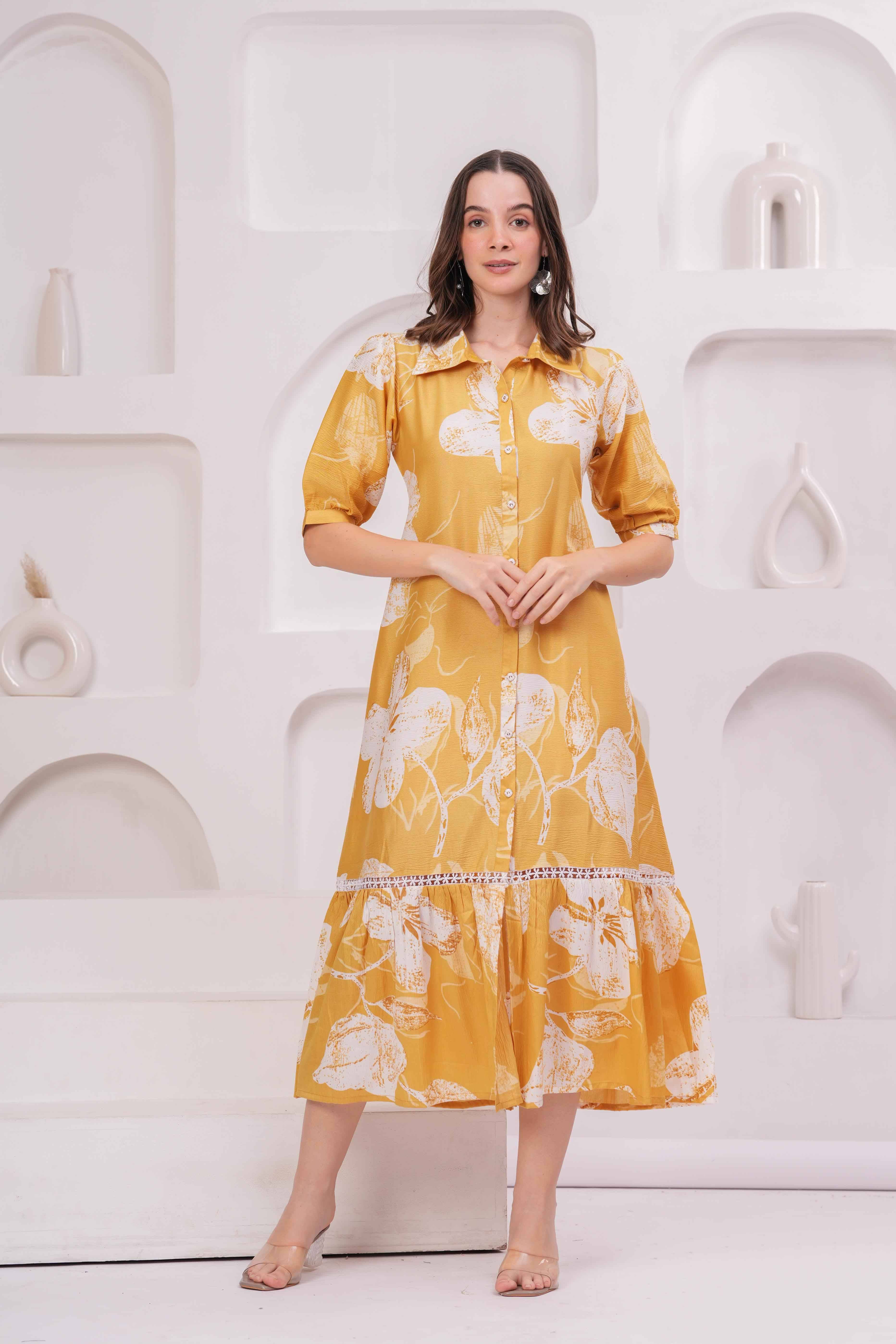     			JC4U Women Crepe Printed Fit & Flare Dress ( Yellow )