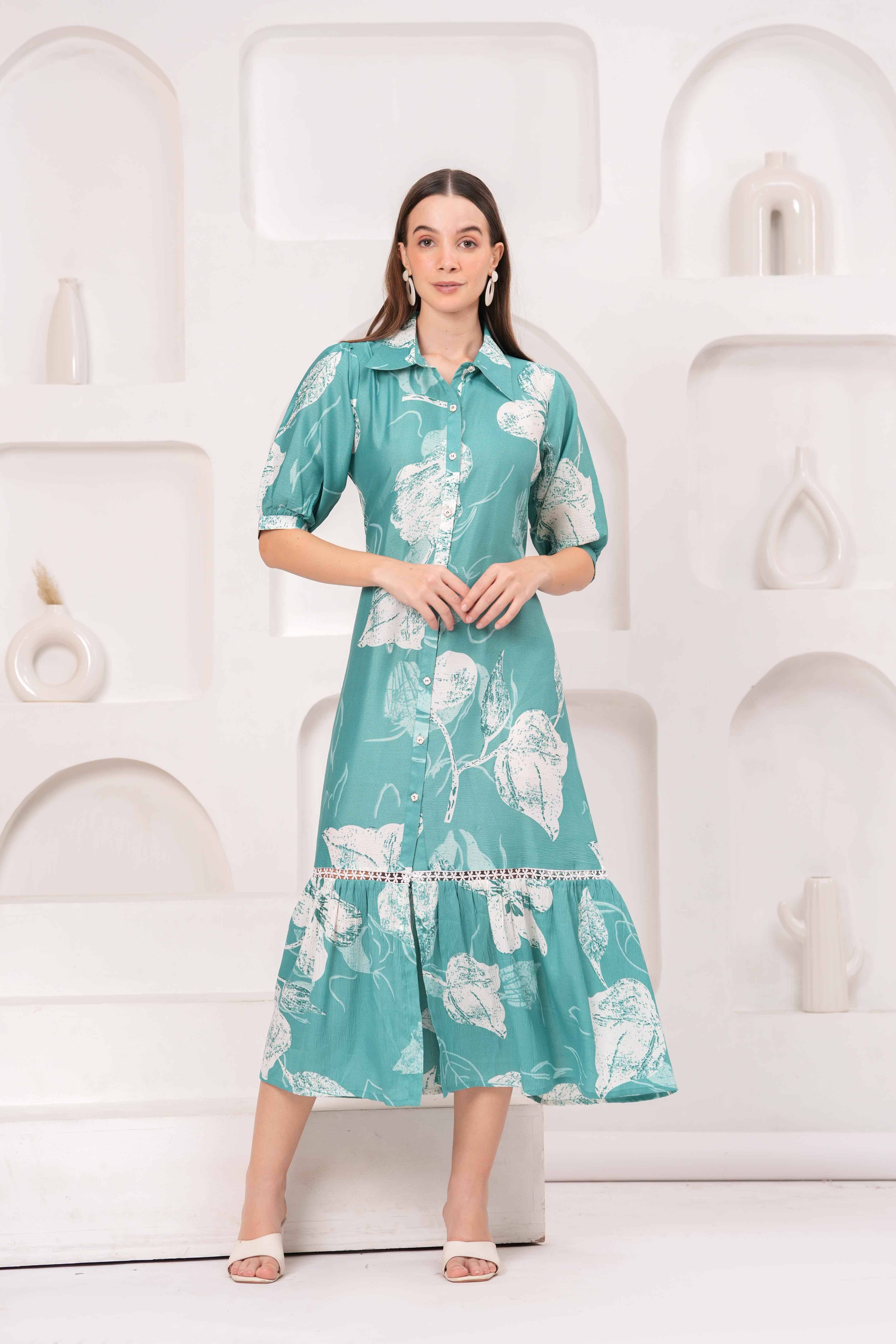 JC4U Women Crepe Printed Fit & Flare Dress ( Green )