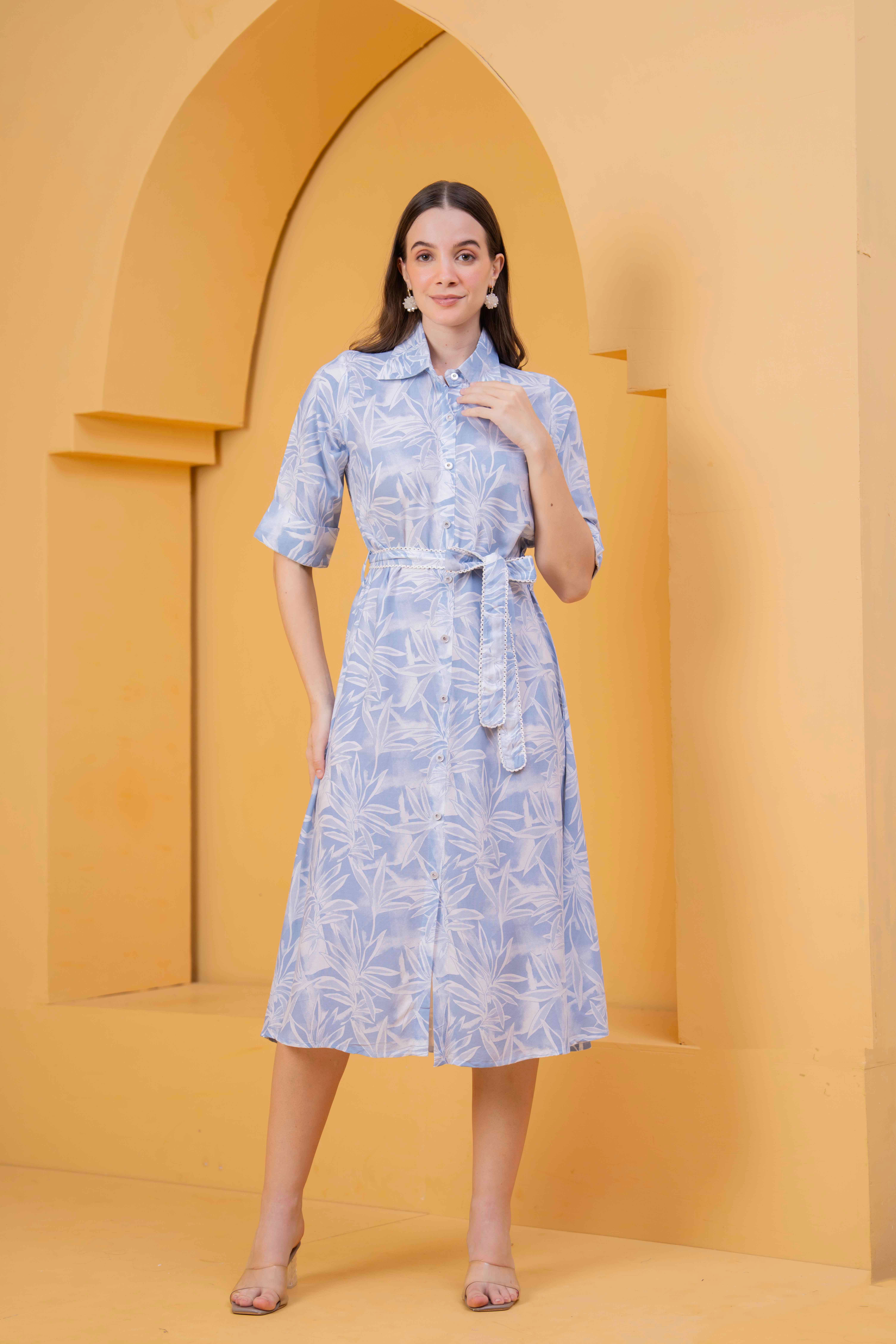 JC4U Women Rayon Printed Fit & Flare Dress ( Light Blue ) JC4U Women Rayon Printed Fit & Flare Dress ( Light Blue )