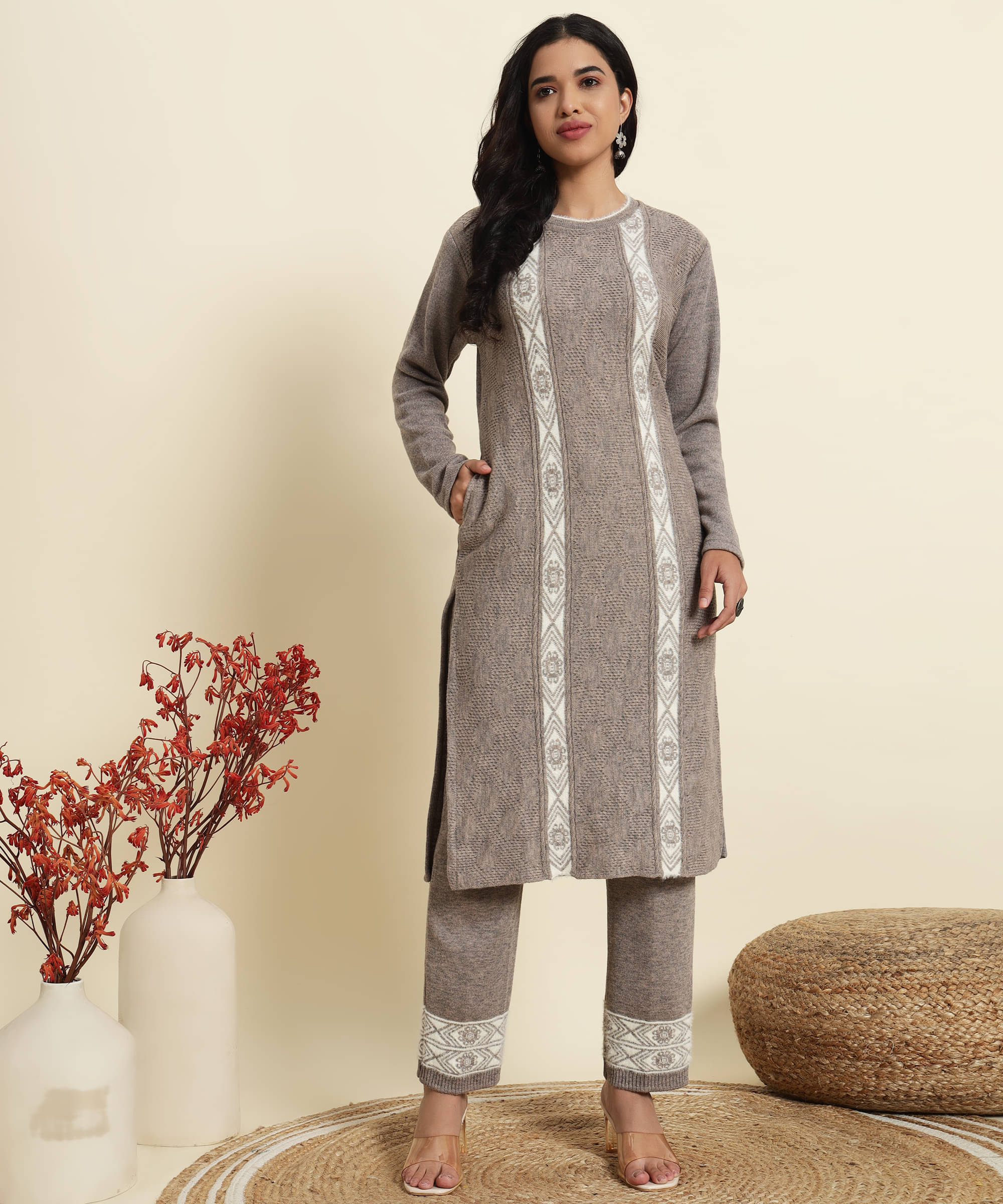 Kilvested Women Woollen Self Design Straight Kurti With Palazzo ( Grey ) Kilvested Women Woollen Self Design Straight Kurti With Palazzo ( Grey )