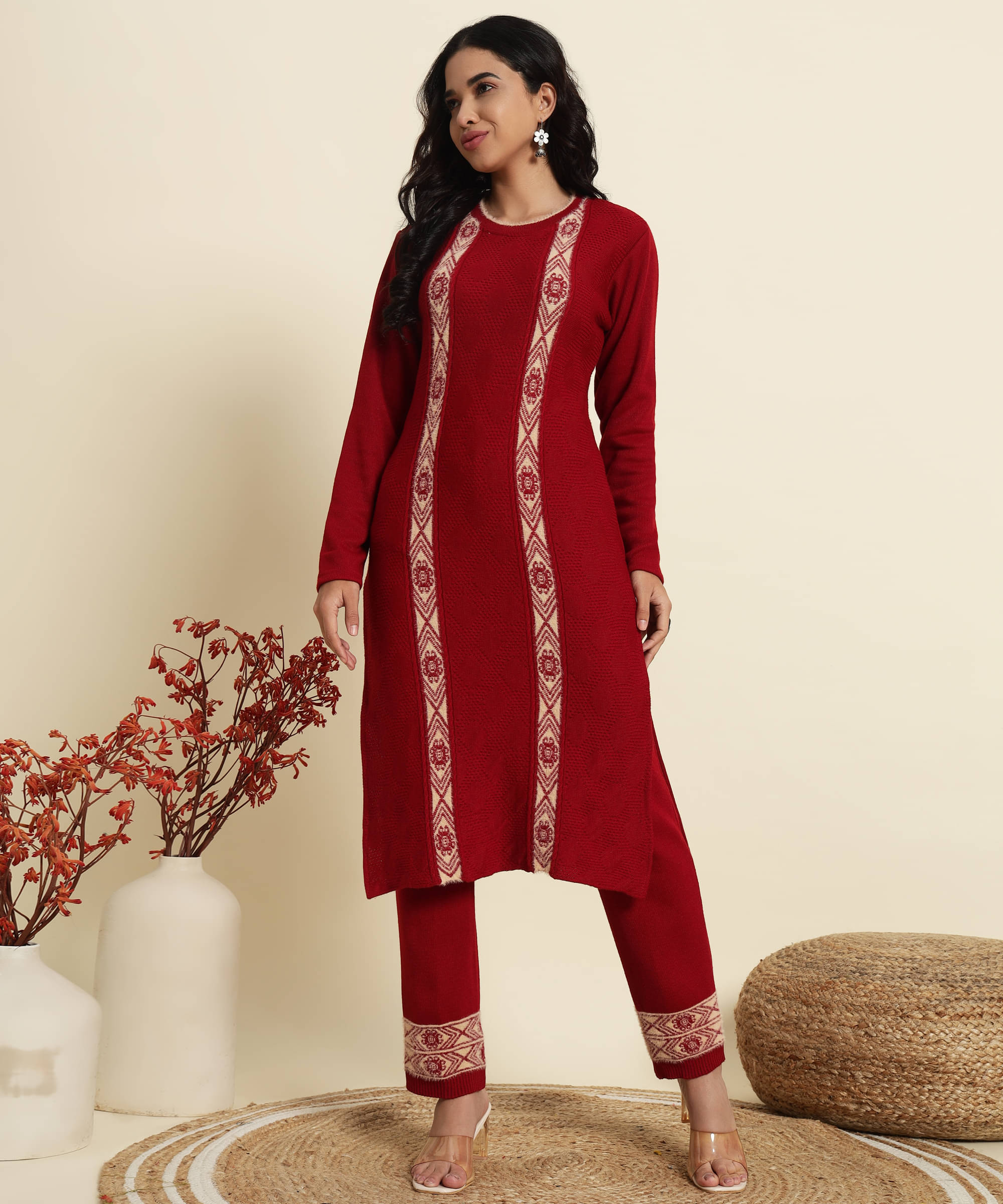     			Kilvested Women Woollen Self Design Straight Kurti With Palazzo ( Maroon )