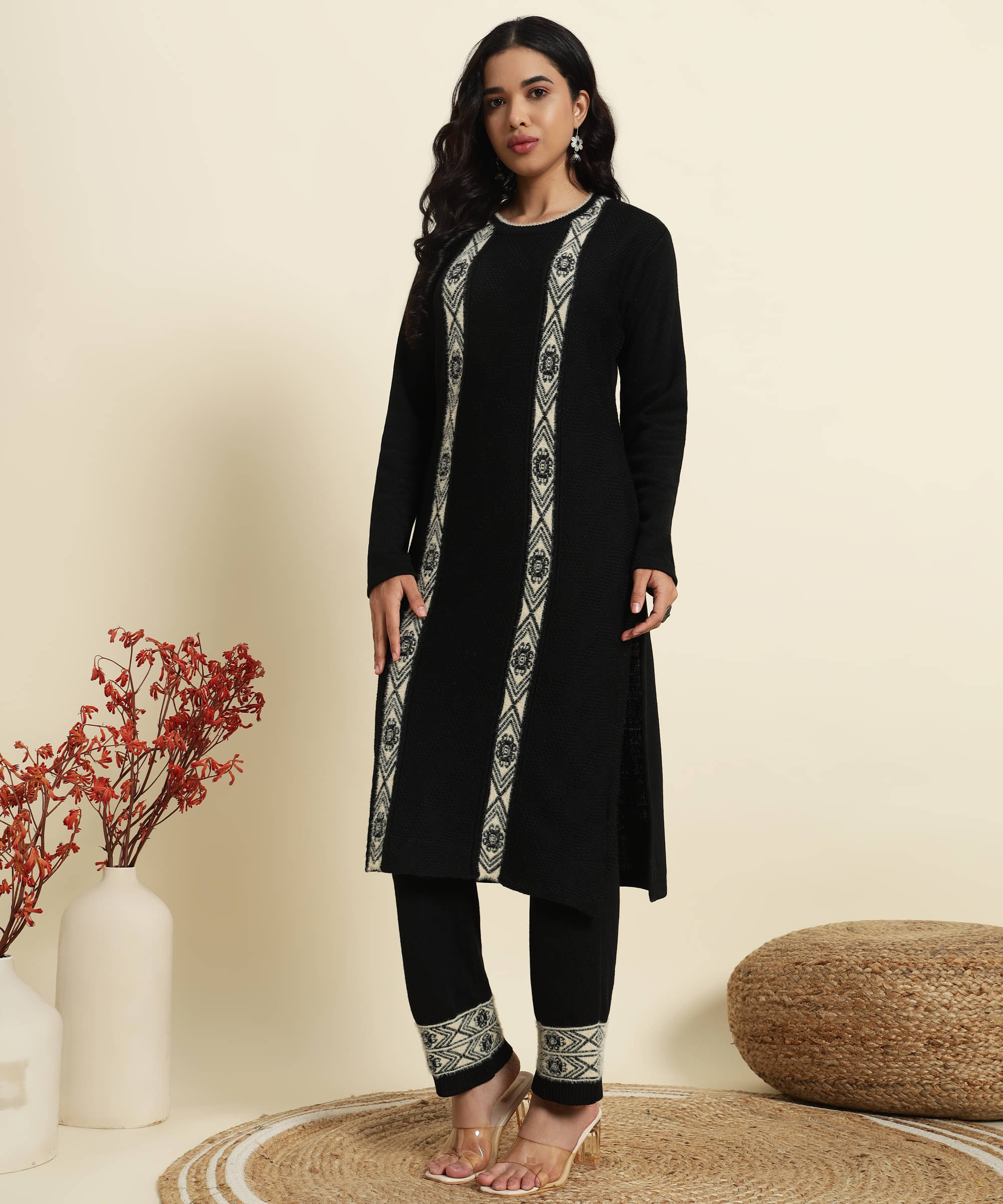     			Kilvested Women Woollen Self Design Straight Kurti With Palazzo ( Black )