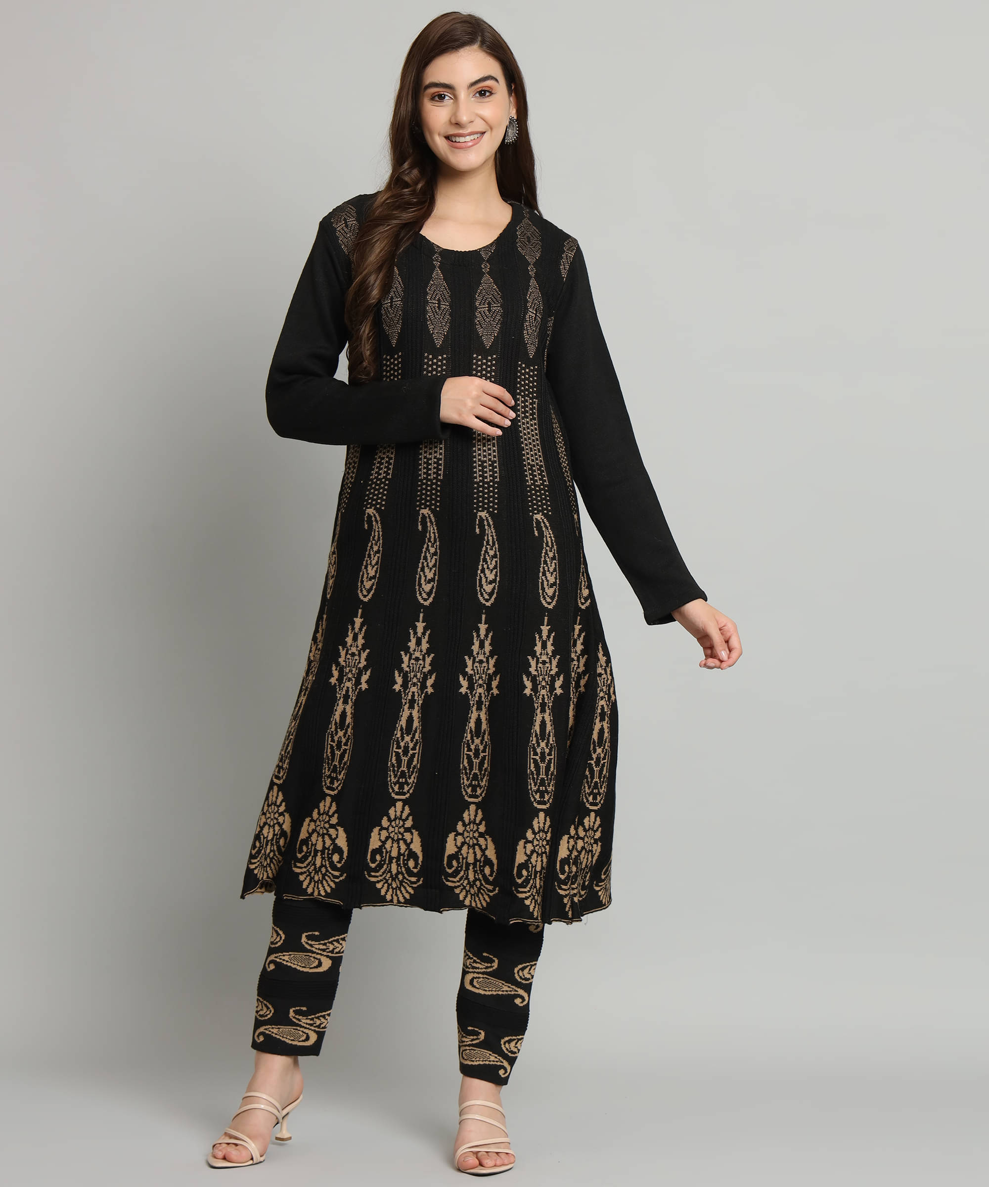     			Kilvested Women Woollen Self Design Frock Style Kurti With Palazzo ( Black )
