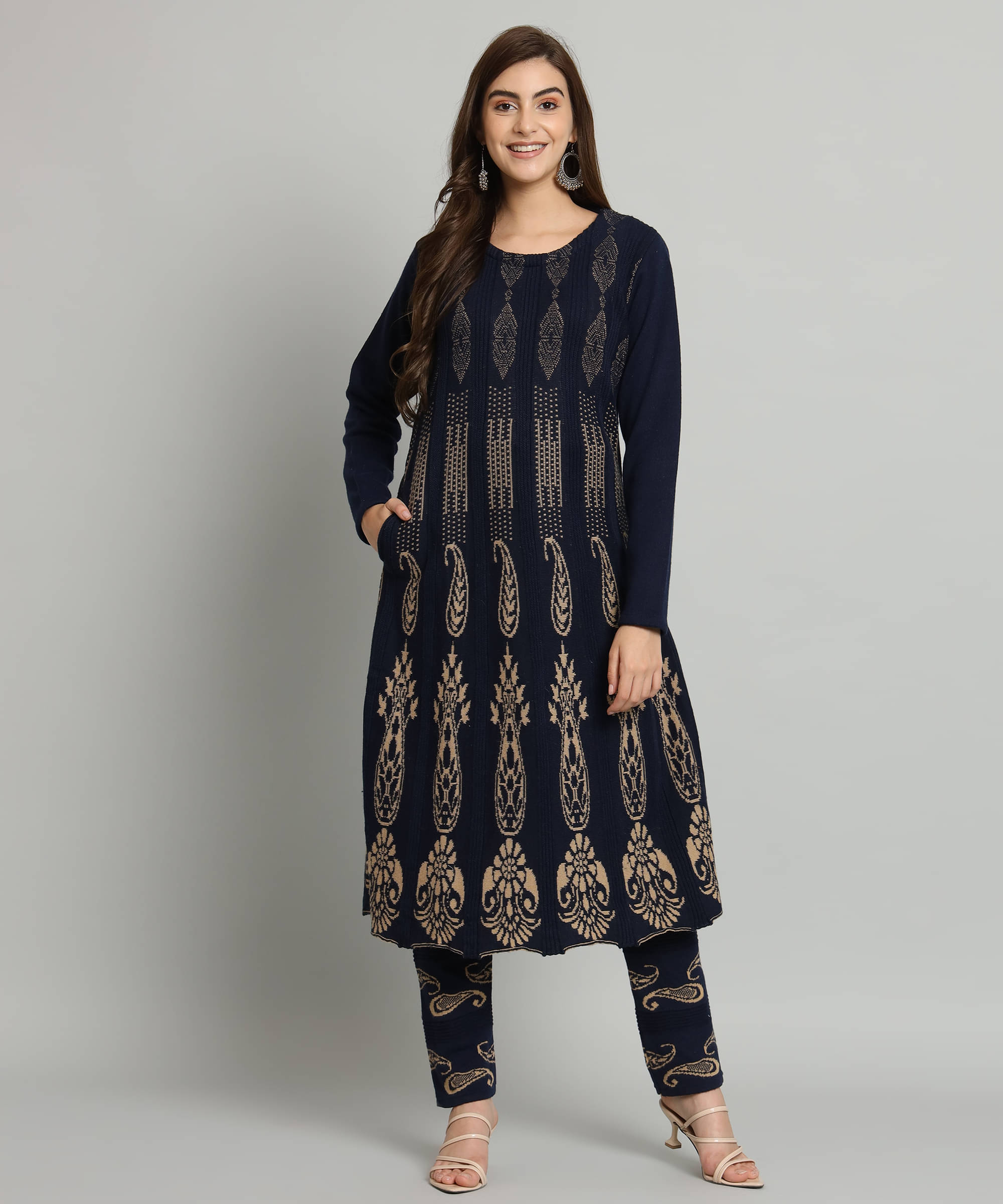    			Kilvested Women Woollen Self Design Frock Style Kurti With Palazzo ( Navy Blue )