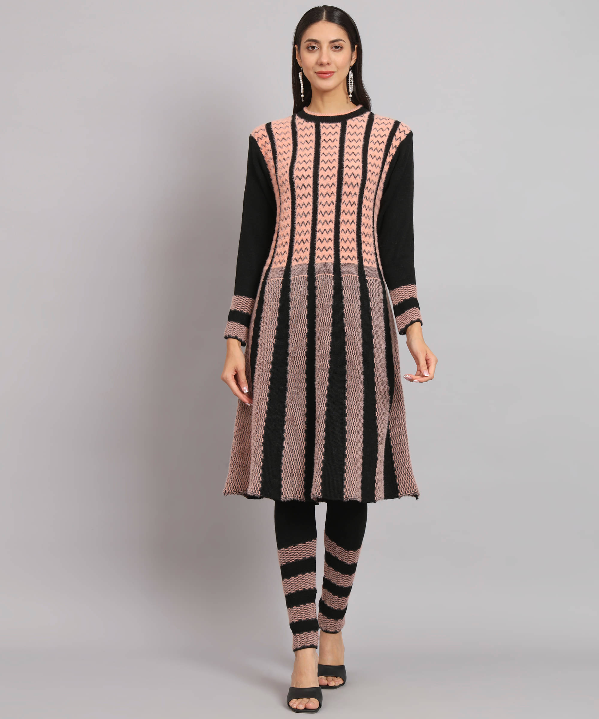     			Kilvested Women Woollen Self Design Frock Style Kurti With Palazzo ( Black )