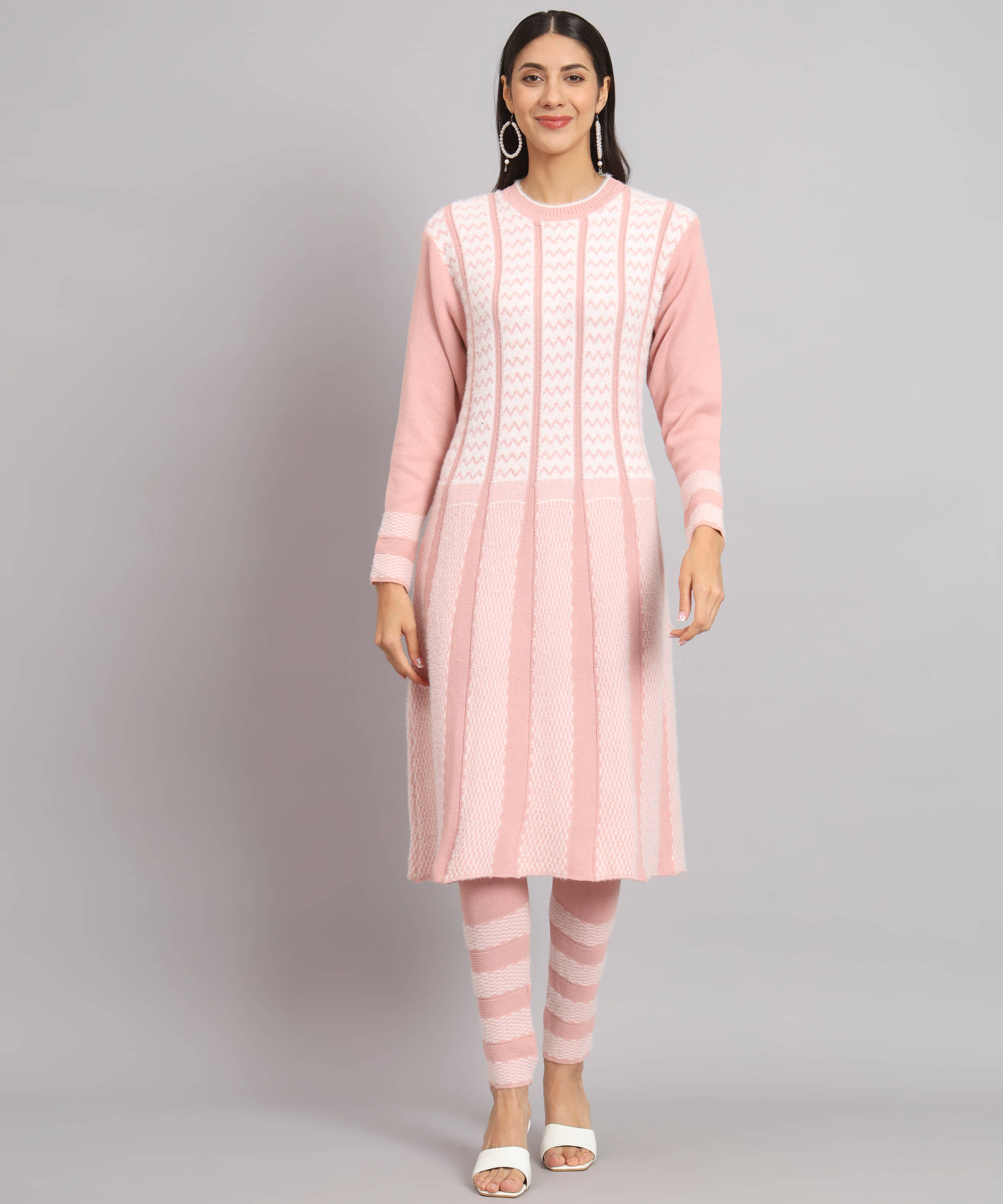     			Kilvested Women Woollen Self Design Frock Style Kurti With Palazzo ( Peach )