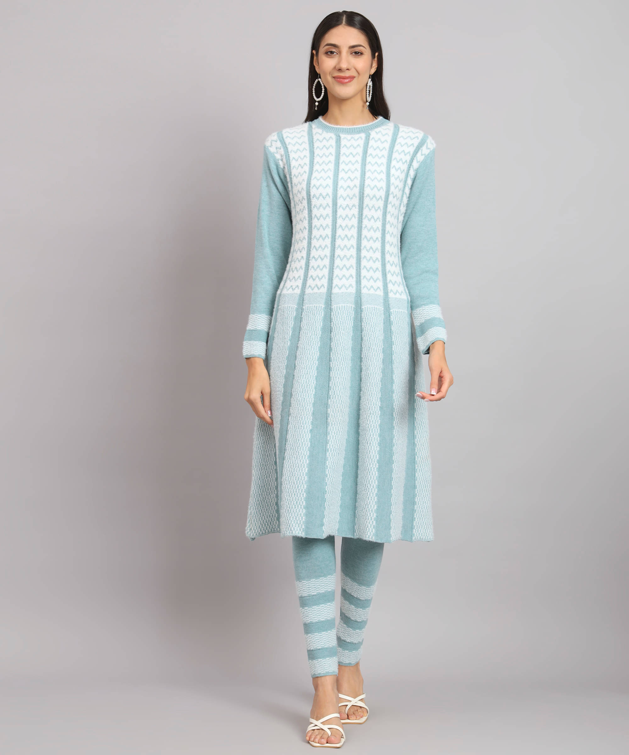     			Kilvested Women Woollen Self Design Frock Style Kurti With Palazzo ( Sea Green )
