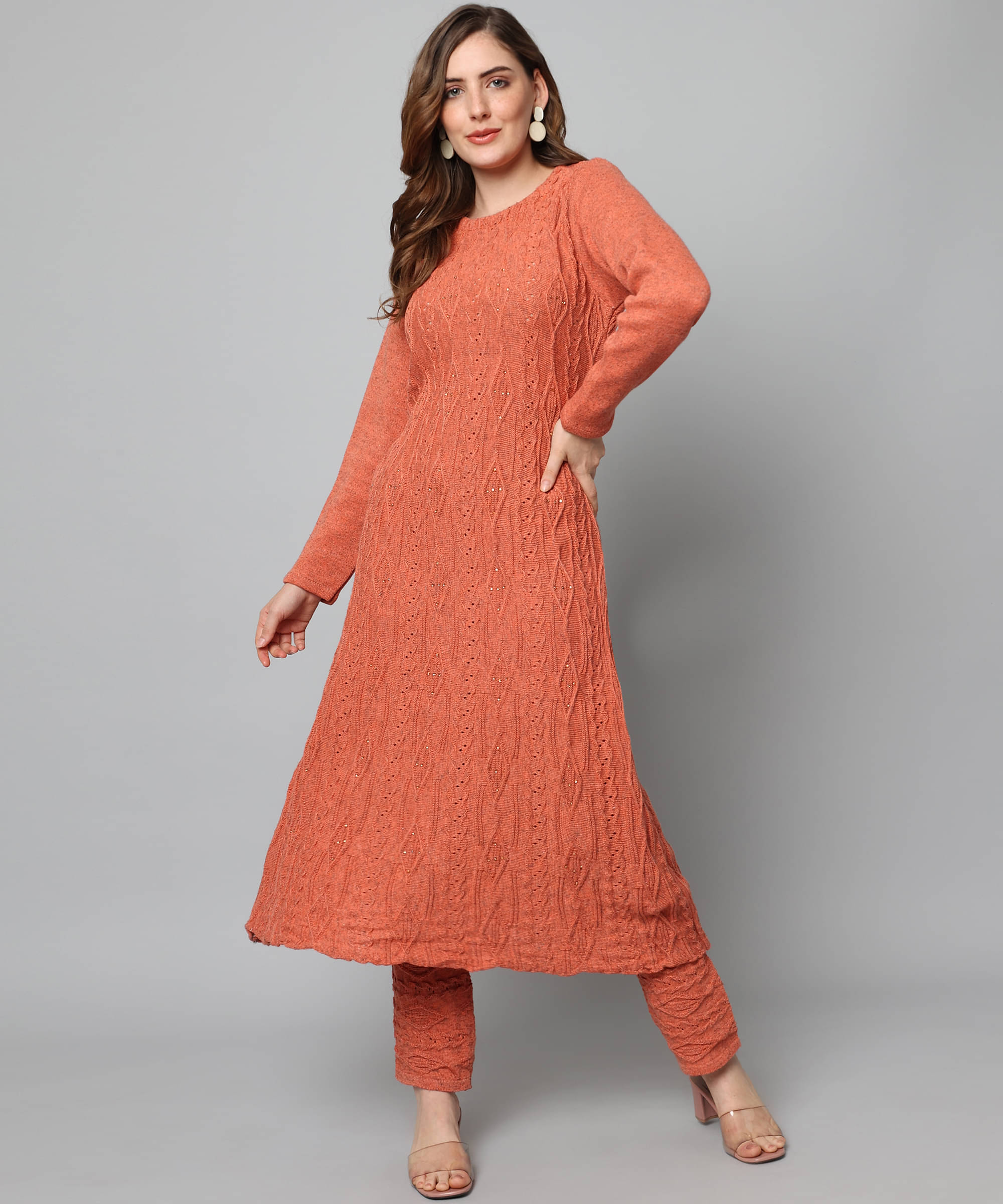 Kilvested Women Woollen Solid Frock Style Kurti With Palazzo ( Orange ) Kilvested Women Woollen Solid Frock Style Kurti With Palazzo ( Orange )