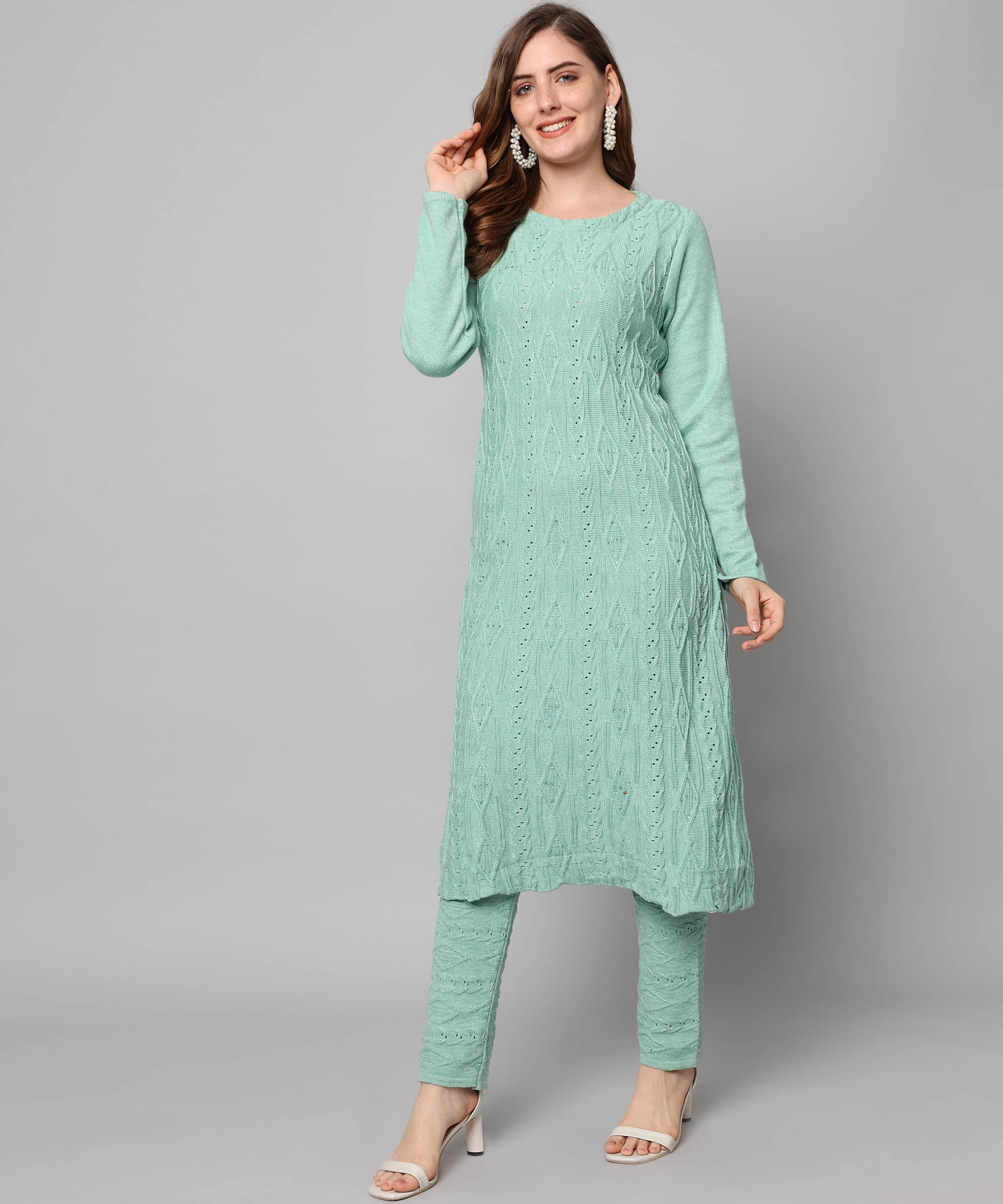 Kilvested Women Woollen Solid Frock Style Kurti With Palazzo ( Sea Green ) Kilvested Women Woollen Solid Frock Style Kurti With Palazzo ( Sea Green )