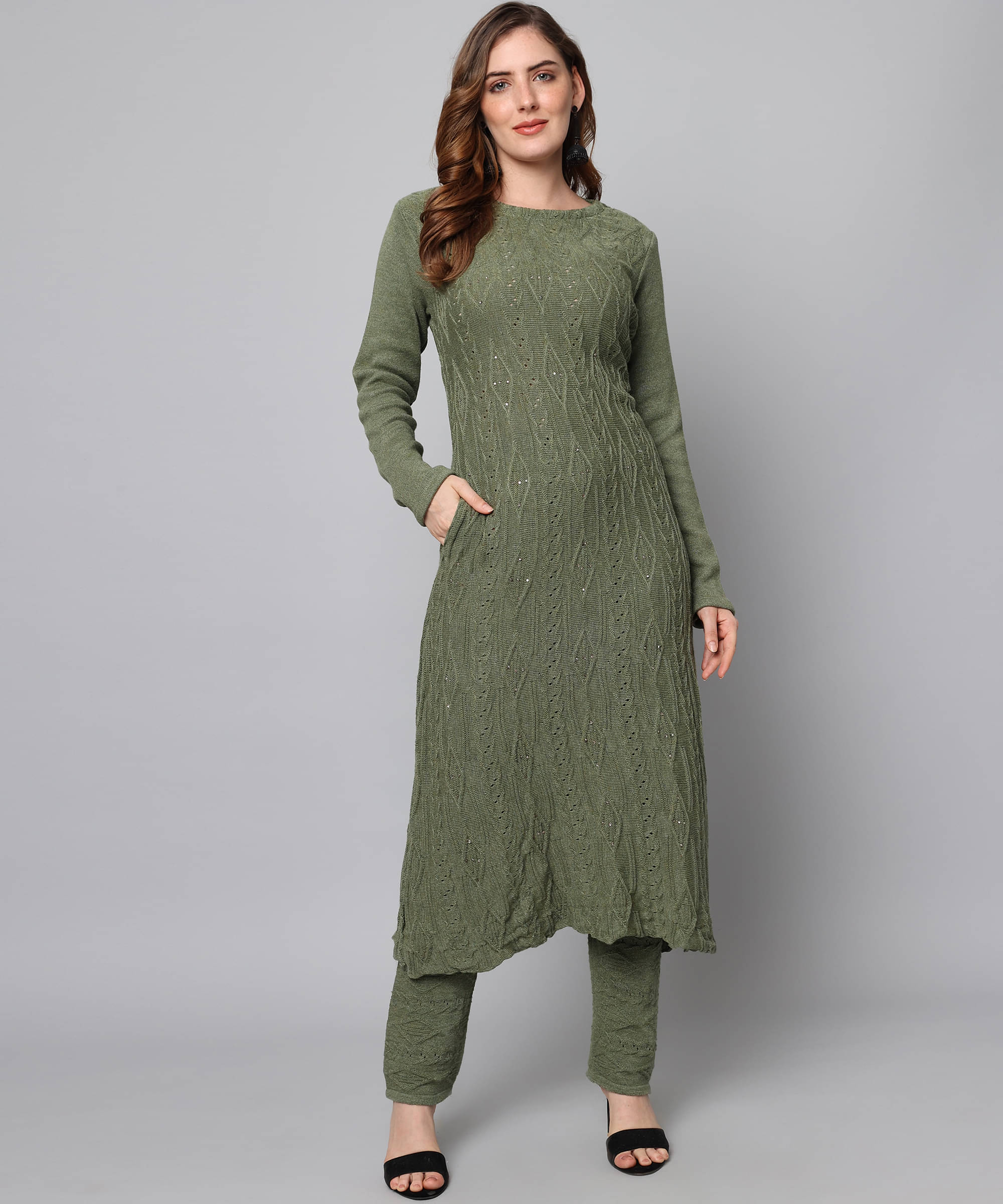     			Kilvested Women Woollen Solid Frock Style Kurti With Palazzo ( Green )