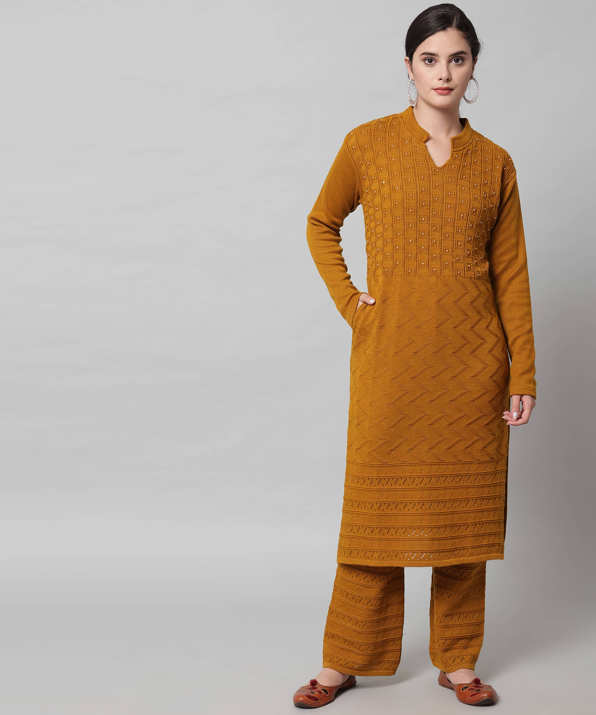 Kilvested Women Woollen Solid Straight Kurti With Palazzo ( Mustard ) Kilvested Women Woollen Solid Straight Kurti With Palazzo ( Mustard )